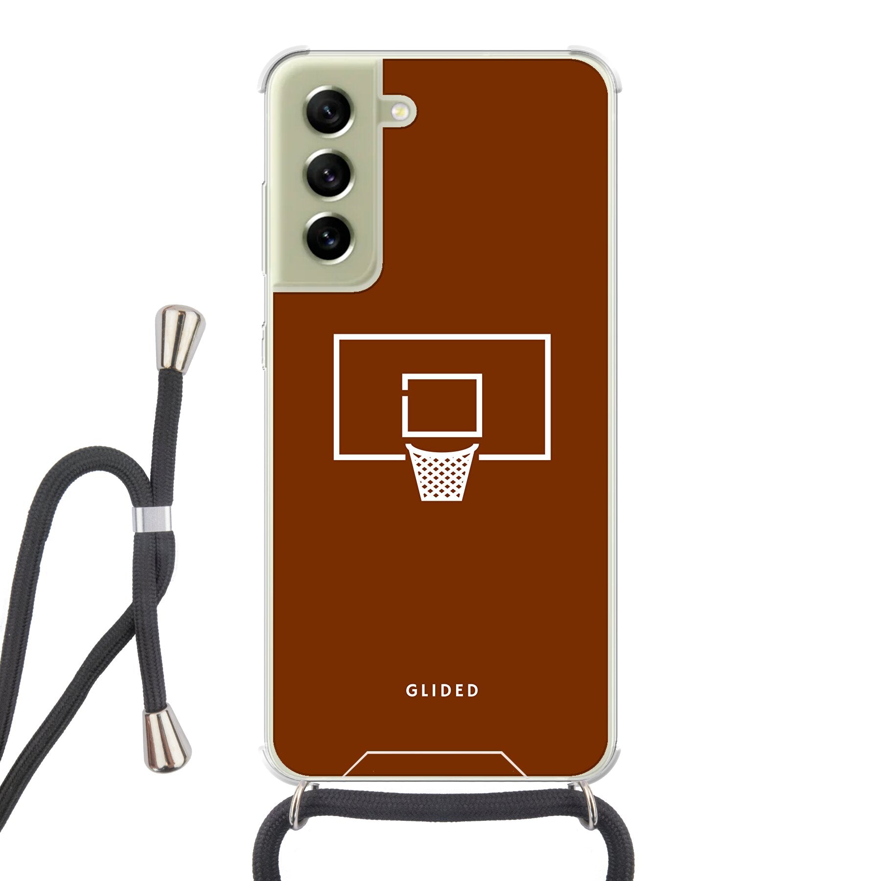 Basket Blaze Handyhülle für Samsung Galaxy S21 FE mit lebendigem Basketballnetz-Design auf orangefarbenem Hintergrund.