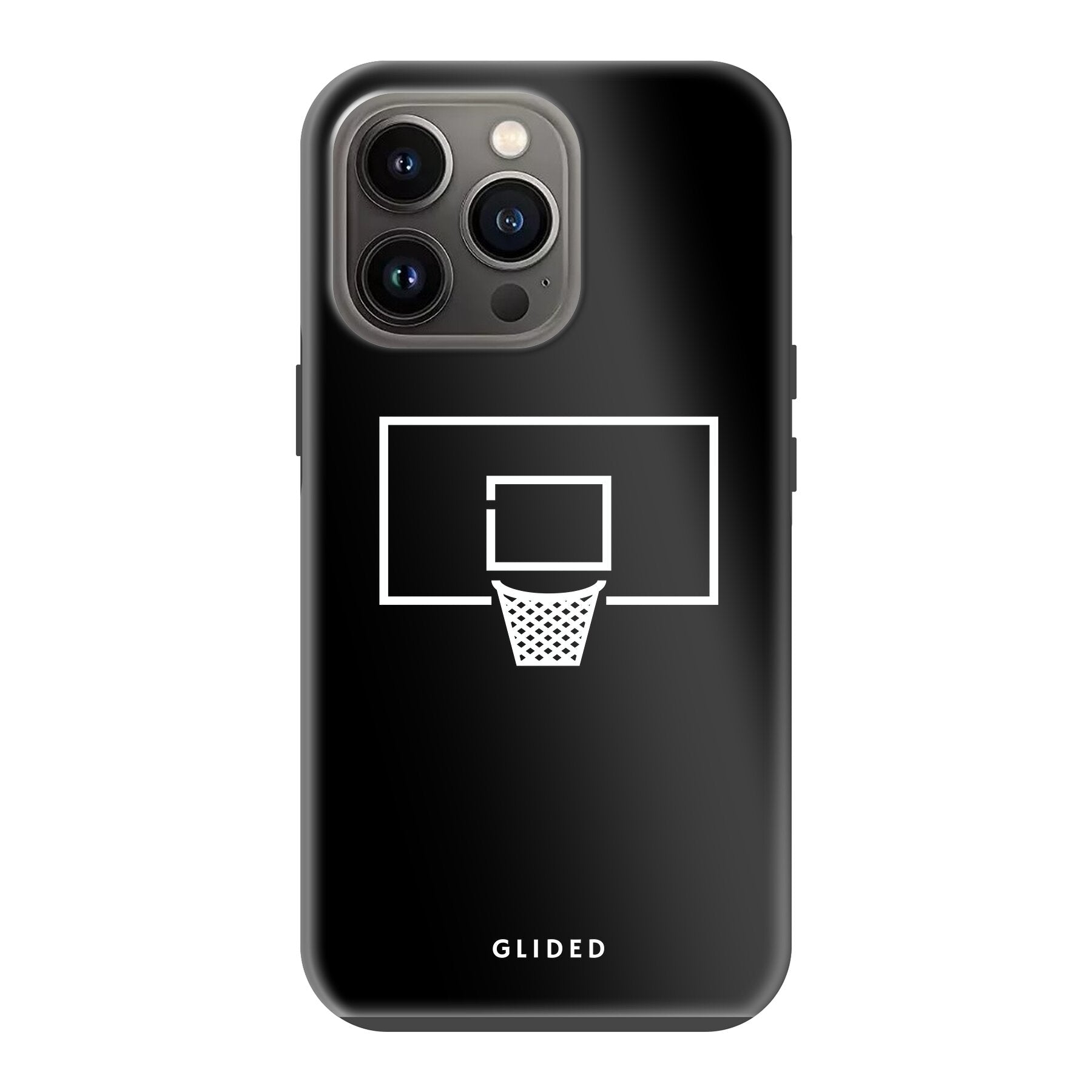 Basketball Fun Handyhülle für iPhone 13 Pro mit lebendigem Basketballnetz-Design auf dunklem Hintergrund.