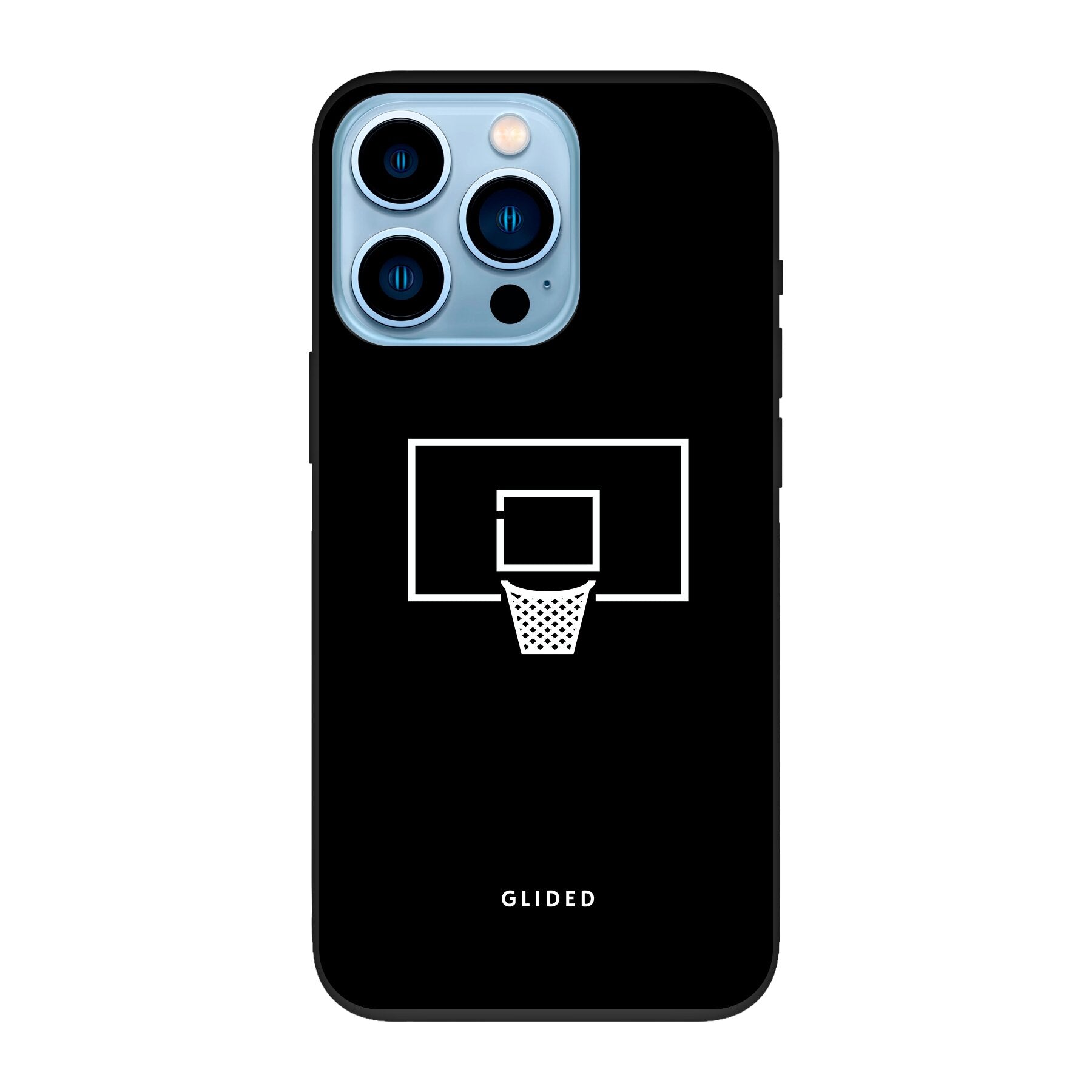 Basketball Fun Handyhülle für iPhone 13 Pro mit lebendigem Basketballnetz-Design auf dunklem Hintergrund.