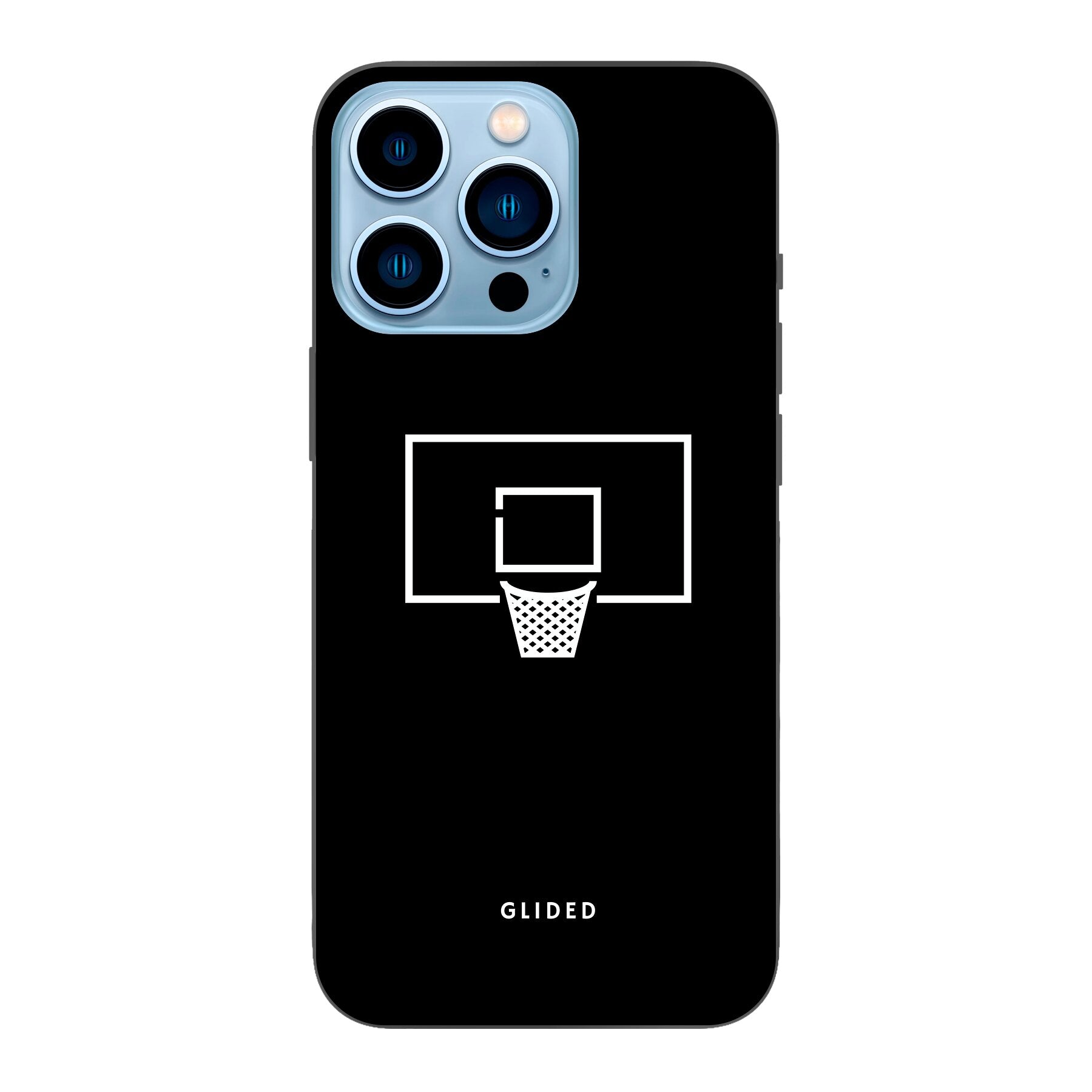 Basketball Fun Handyhülle für iPhone 13 Pro mit lebendigem Basketballnetz-Design auf dunklem Hintergrund.