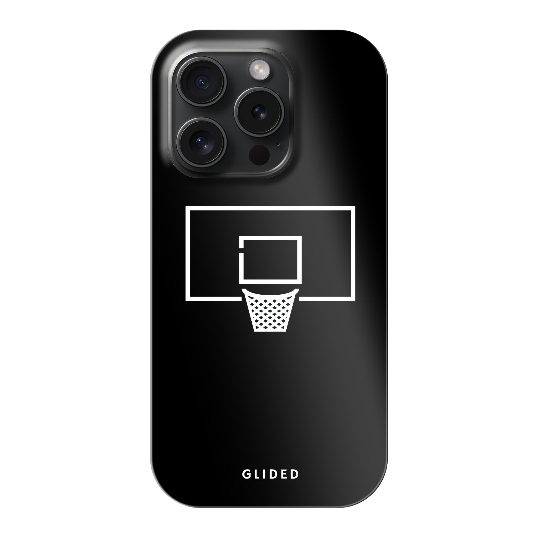 Basketball Fun Handyhülle für iPhone 15 Pro mit lebendigem Basketballnetz-Design auf dunklem Hintergrund.