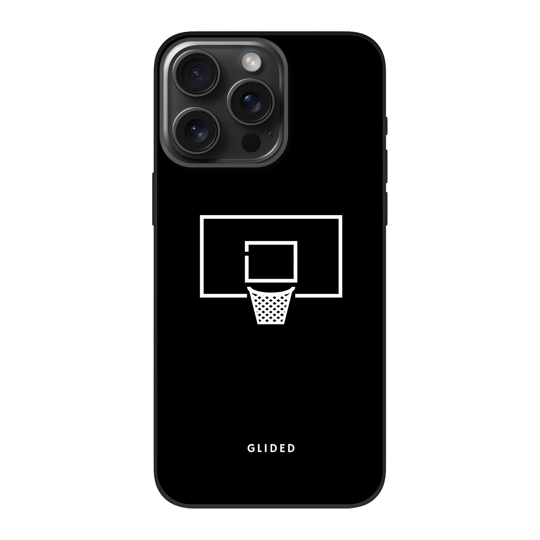 Basketball Fun Handyhülle für iPhone 15 Pro mit lebendigem Basketballnetz-Design auf dunklem Hintergrund.