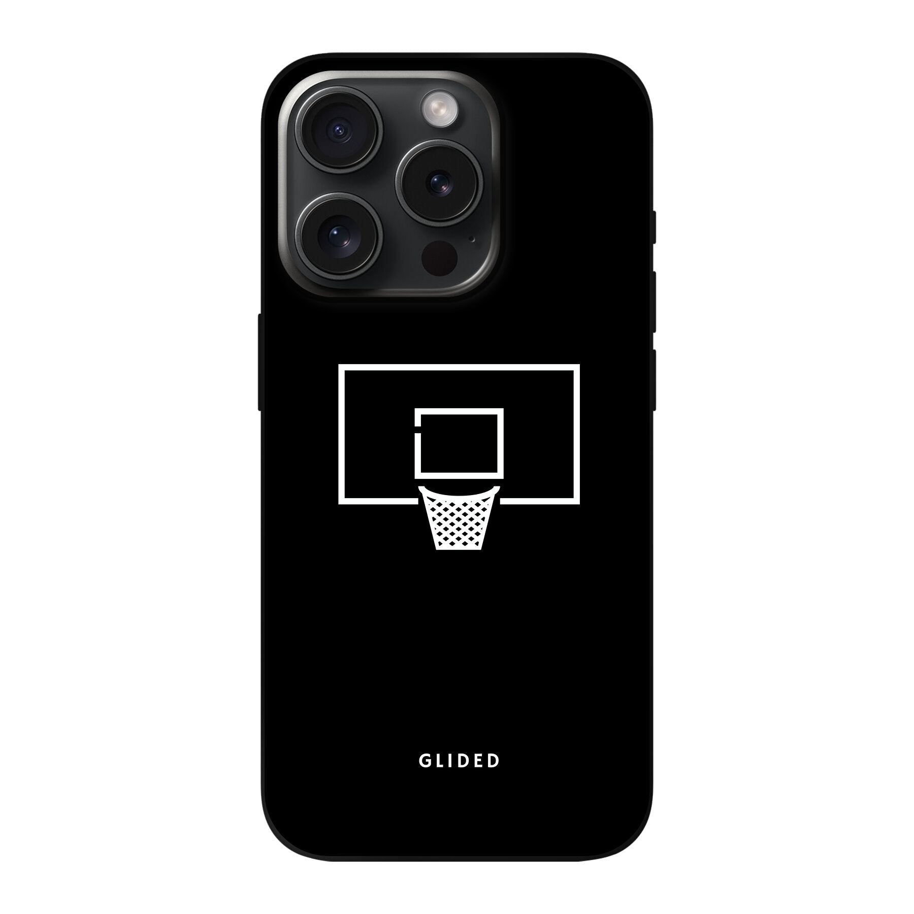 Basketball Fun Handyhülle für iPhone 15 Pro mit lebendigem Basketballnetz-Design auf dunklem Hintergrund.