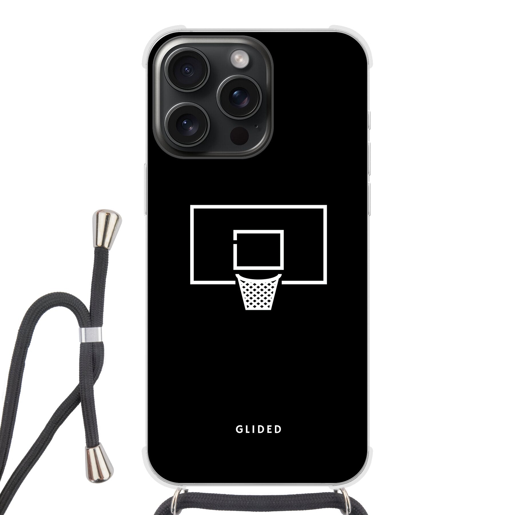 Basketball Fun Handyhülle für iPhone 15 Pro mit lebendigem Basketballnetz-Design auf dunklem Hintergrund.