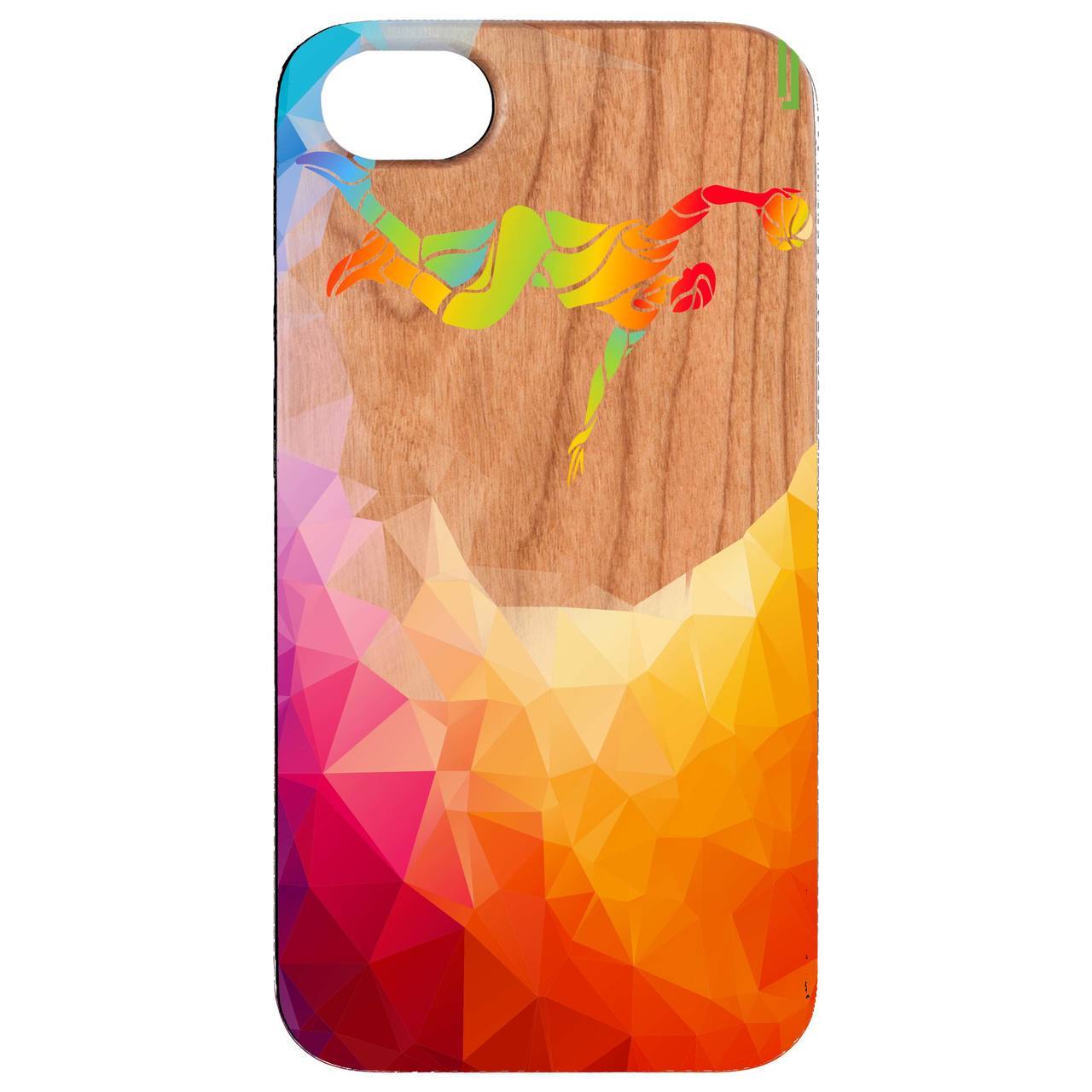 UV Color Printed Basketball Player phone case showcasing vibrant design and natural wood texture.