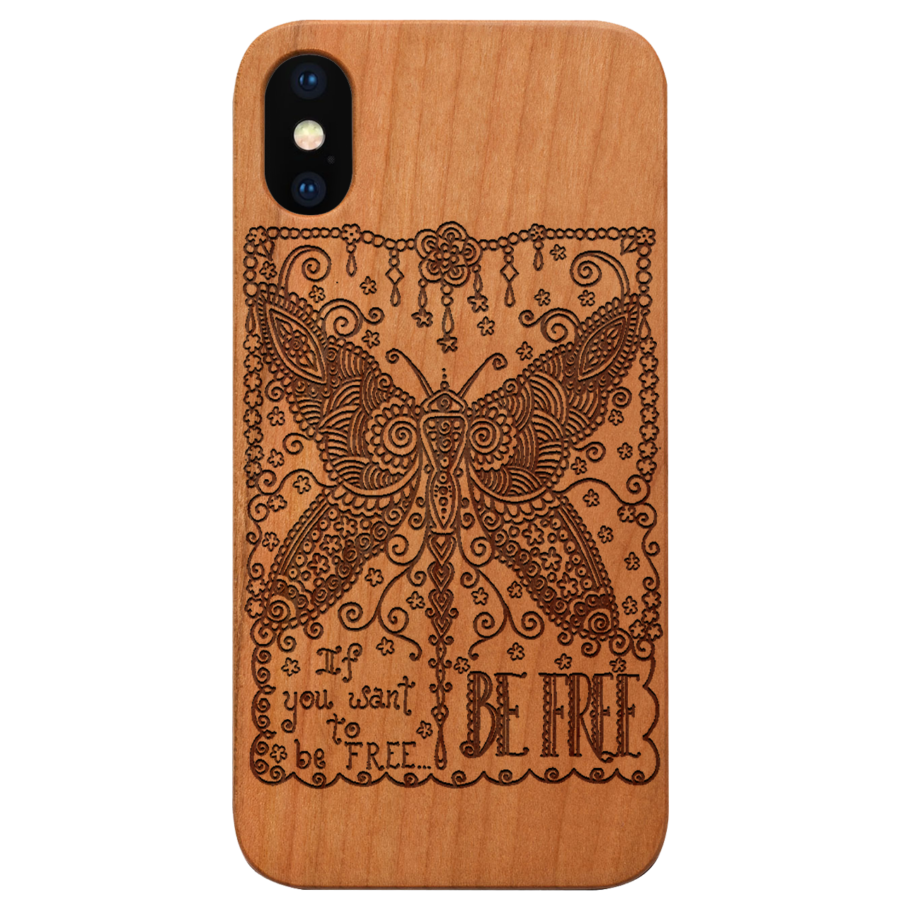 Be Free2 - Engraved wooden phone case showcasing unique laser-engraved design and natural wood finish.