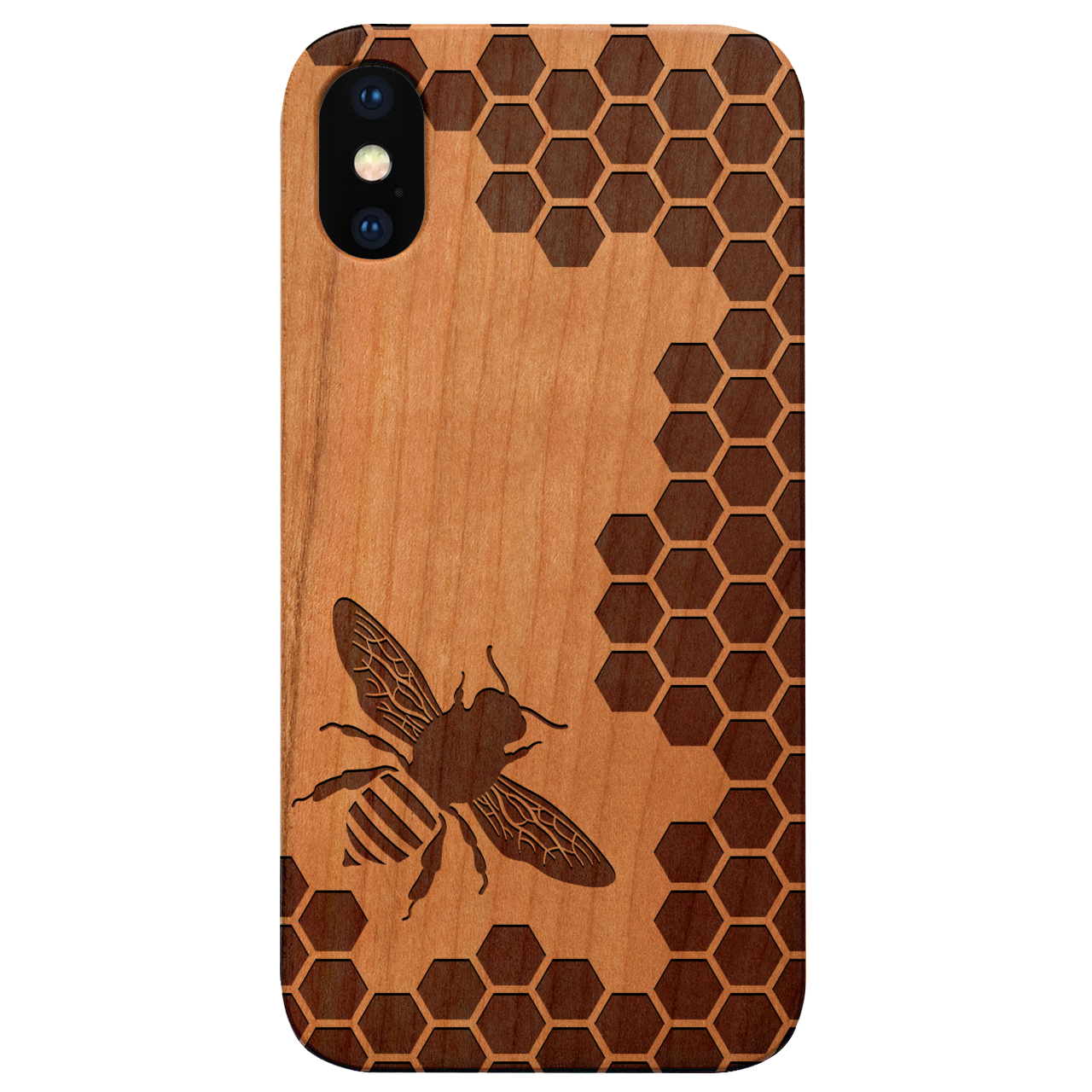 Engraved wooden phone case featuring a honeycomb design, showcasing natural wood texture and stylish edges.