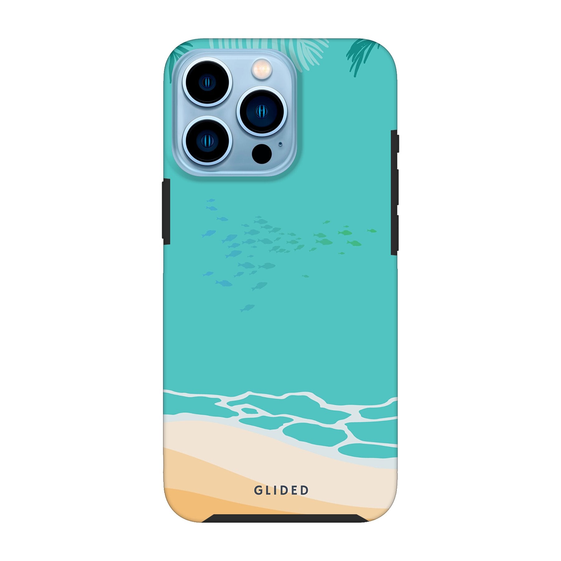 Beachy iPhone 13 Pro Handyhülle mit einzigartigem Stranddesign, idealer Schutz und präzise Aussparungen für alle Funktionen.