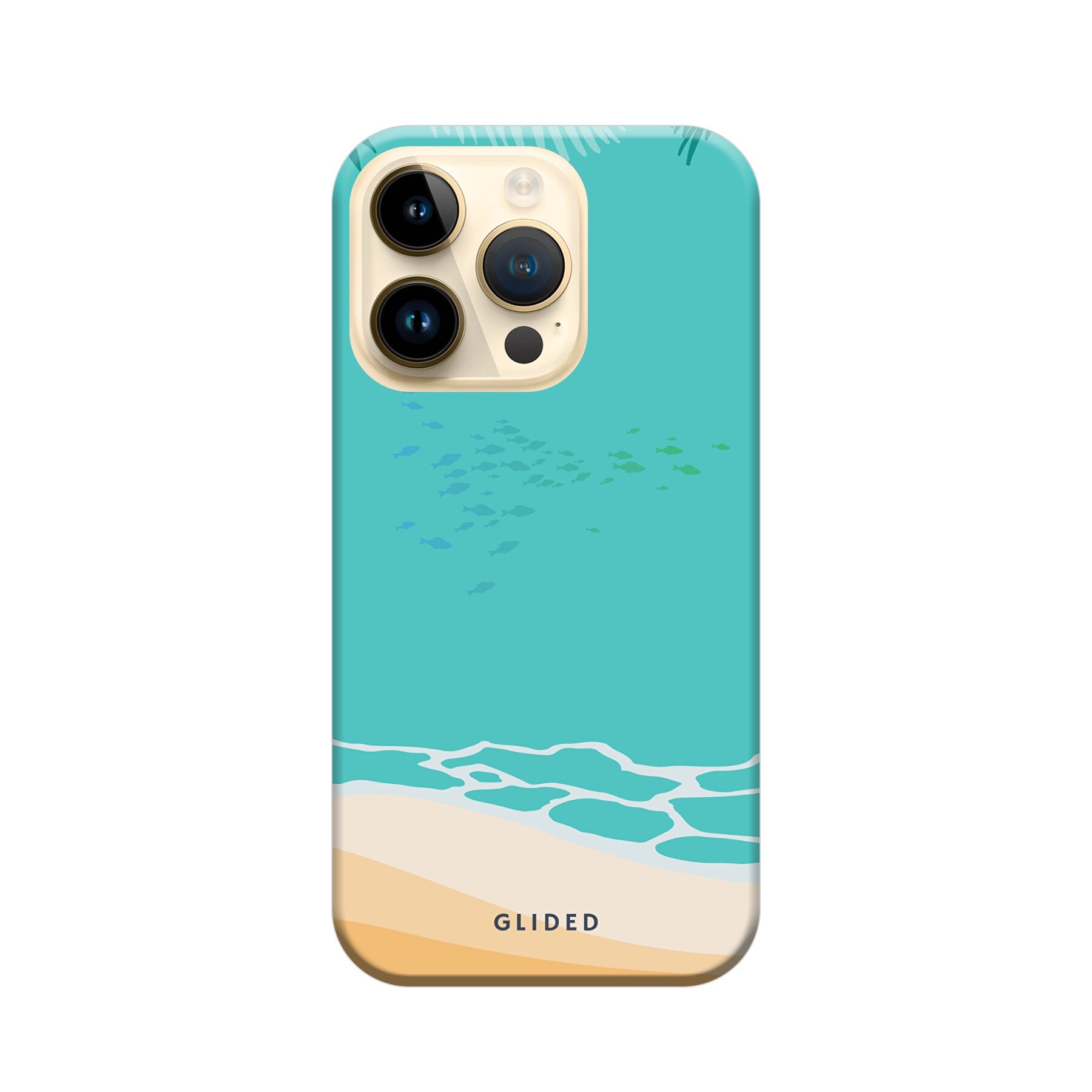 Beachy iPhone 14 Pro Handyhülle mit einzigartigem Stranddesign, bietet stilvollen Schutz und leichten Zugang zu Funktionen.