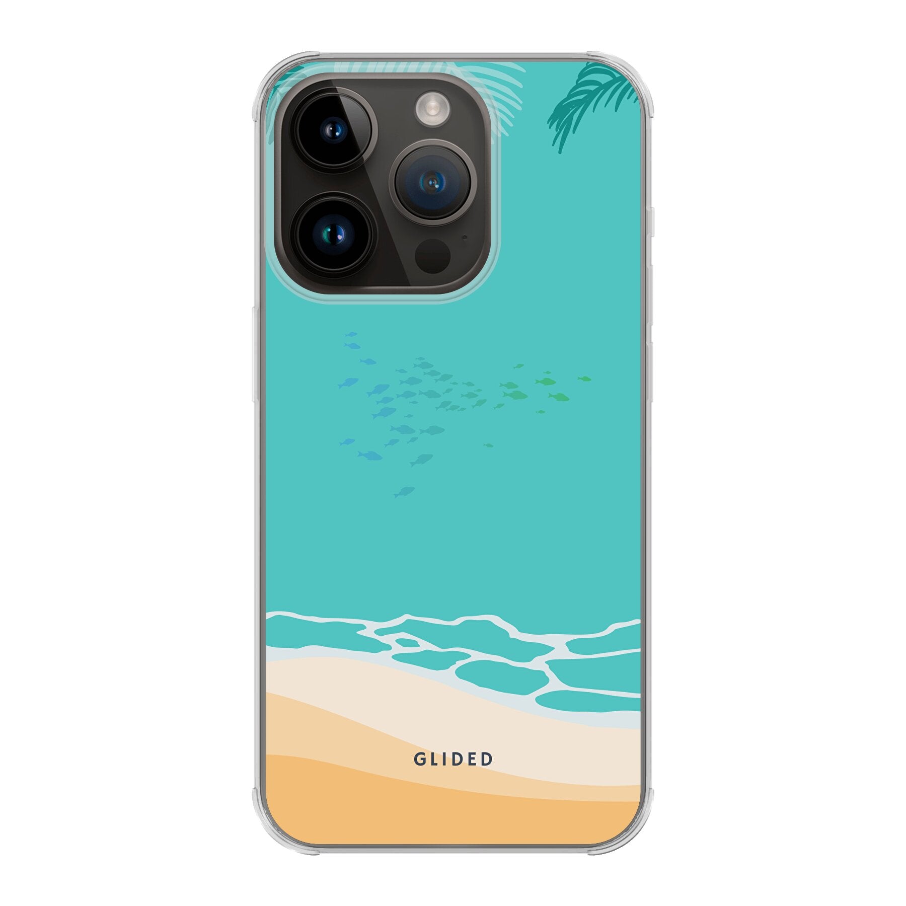 Beachy iPhone 14 Pro Handyhülle mit einzigartigem Stranddesign, bietet stilvollen Schutz und leichten Zugang zu Funktionen.