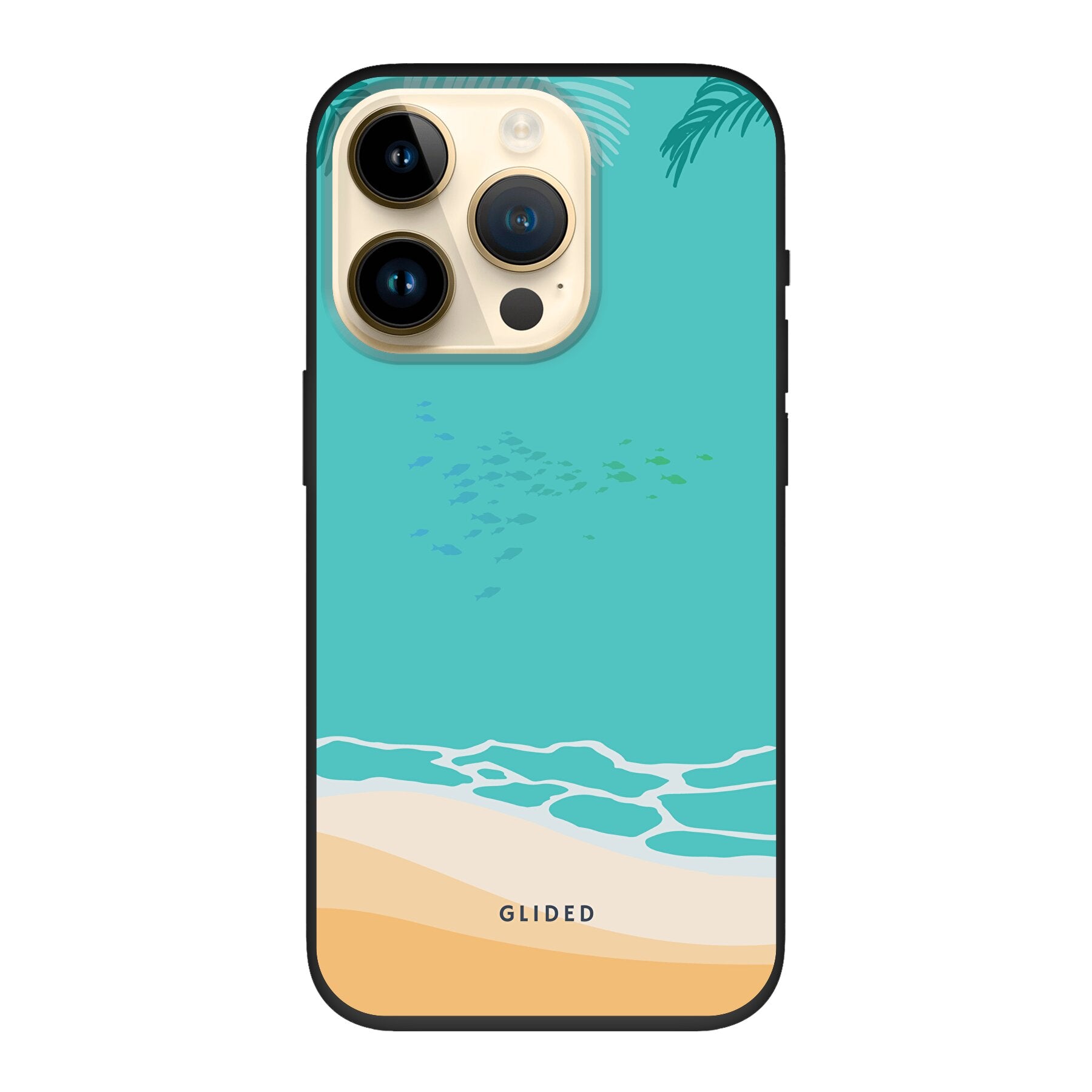 Beachy iPhone 14 Pro Handyhülle mit einzigartigem Stranddesign, bietet stilvollen Schutz und leichten Zugang zu Funktionen.