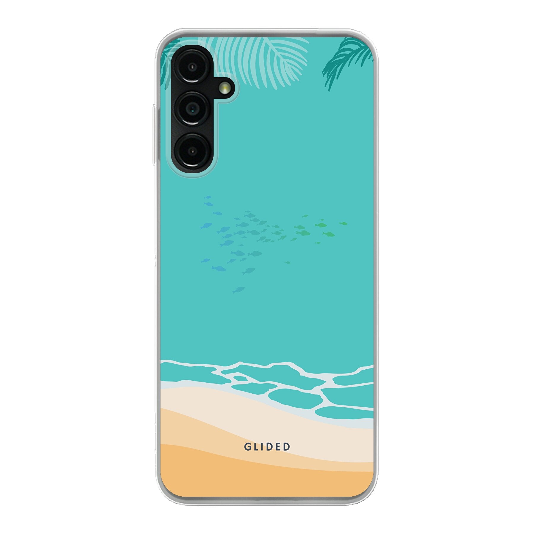 Beachy Hülle für Samsung Galaxy A14 5G mit einzigartigem Stranddesign, bietet stilvollen Schutz und leichten Zugang zu Funktionen.