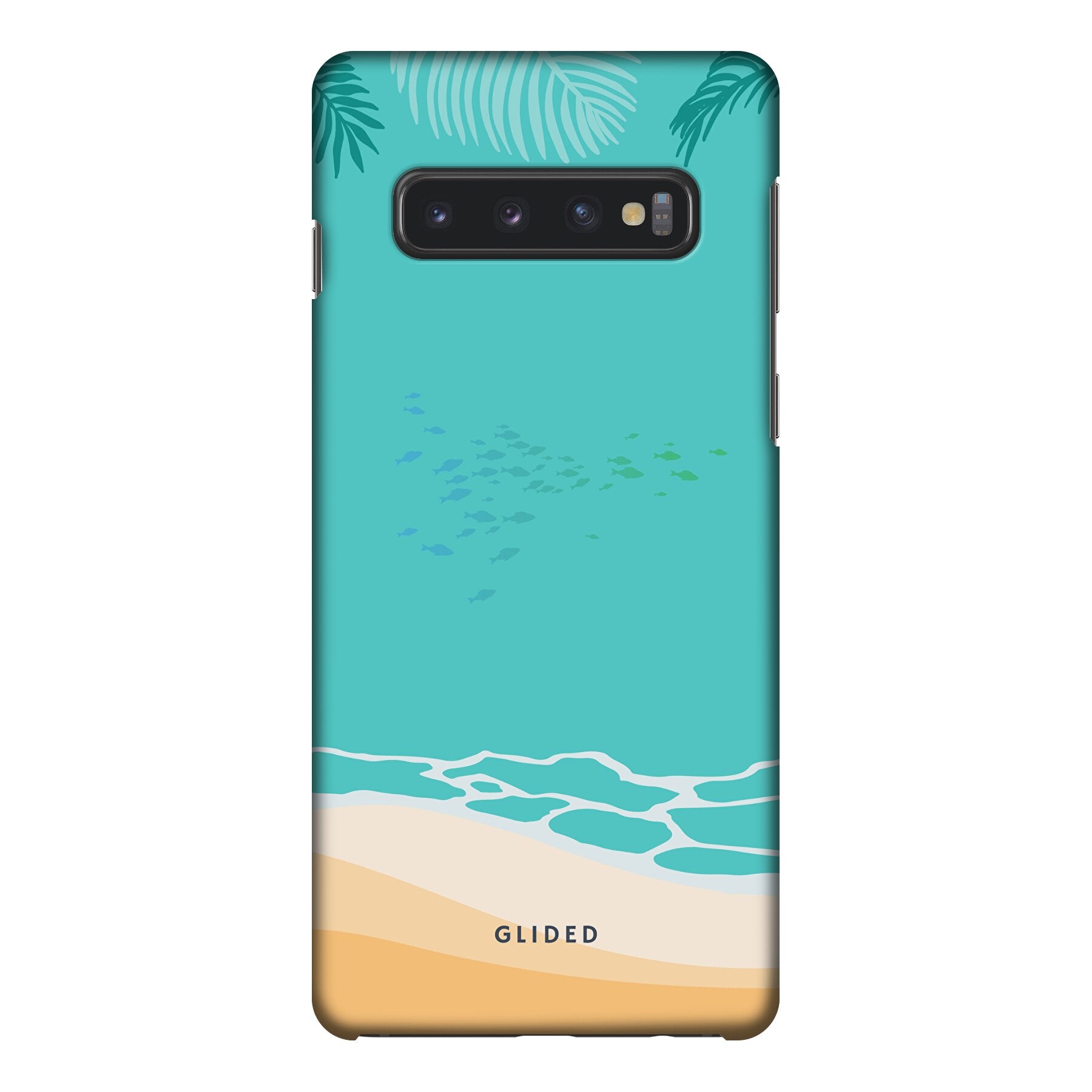 Beachy Handyhülle für Samsung Galaxy S10 mit einzigartigem Stranddesign, bietet stilvollen Schutz und leichten Zugang zu Funktionen.