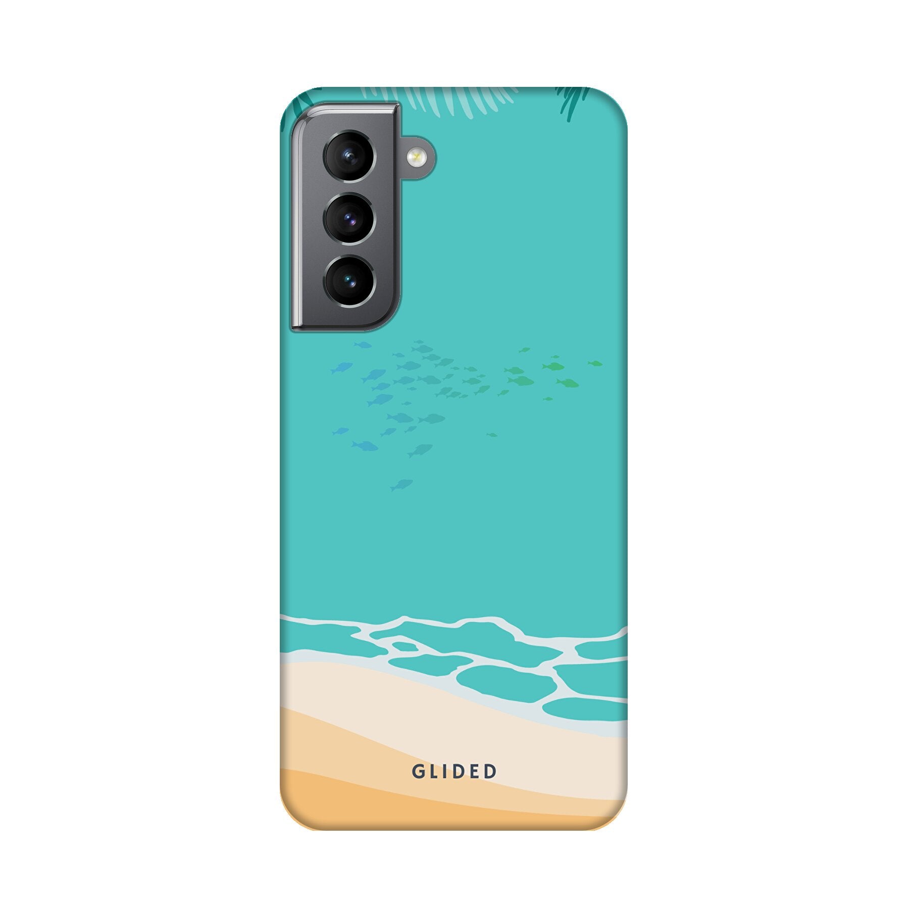 Beachy Hülle für Samsung Galaxy S21 5G mit lebendigem Stranddesign, bietet stilvollen Schutz und präzise Aussparungen.