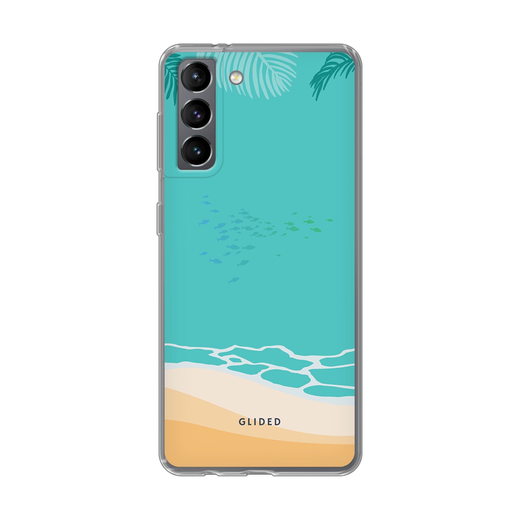 Beachy Hülle für Samsung Galaxy S21 5G mit lebendigem Stranddesign, bietet stilvollen Schutz und präzise Aussparungen.