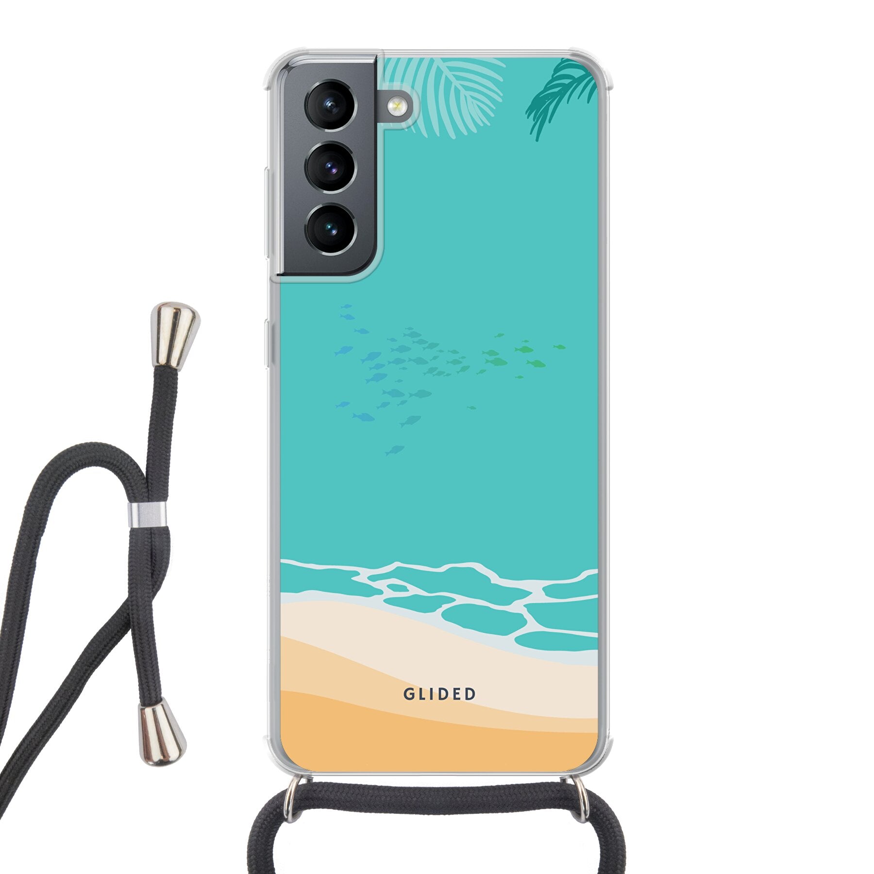 Beachy Hülle für Samsung Galaxy S21 5G mit lebendigem Stranddesign, bietet stilvollen Schutz und präzise Aussparungen.