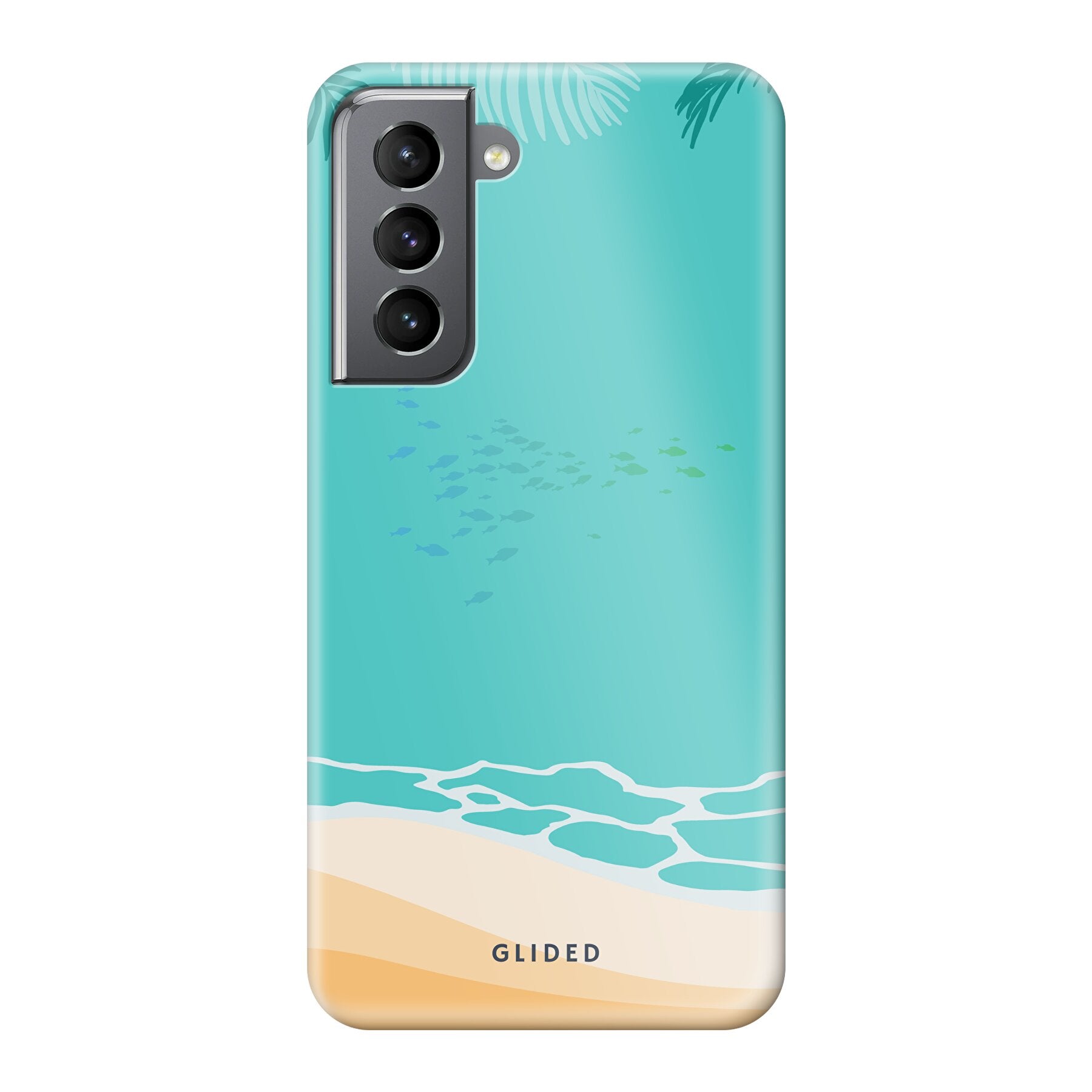 Beachy Hülle für Samsung Galaxy S21 5G mit lebendigem Stranddesign, bietet stilvollen Schutz und präzise Aussparungen.