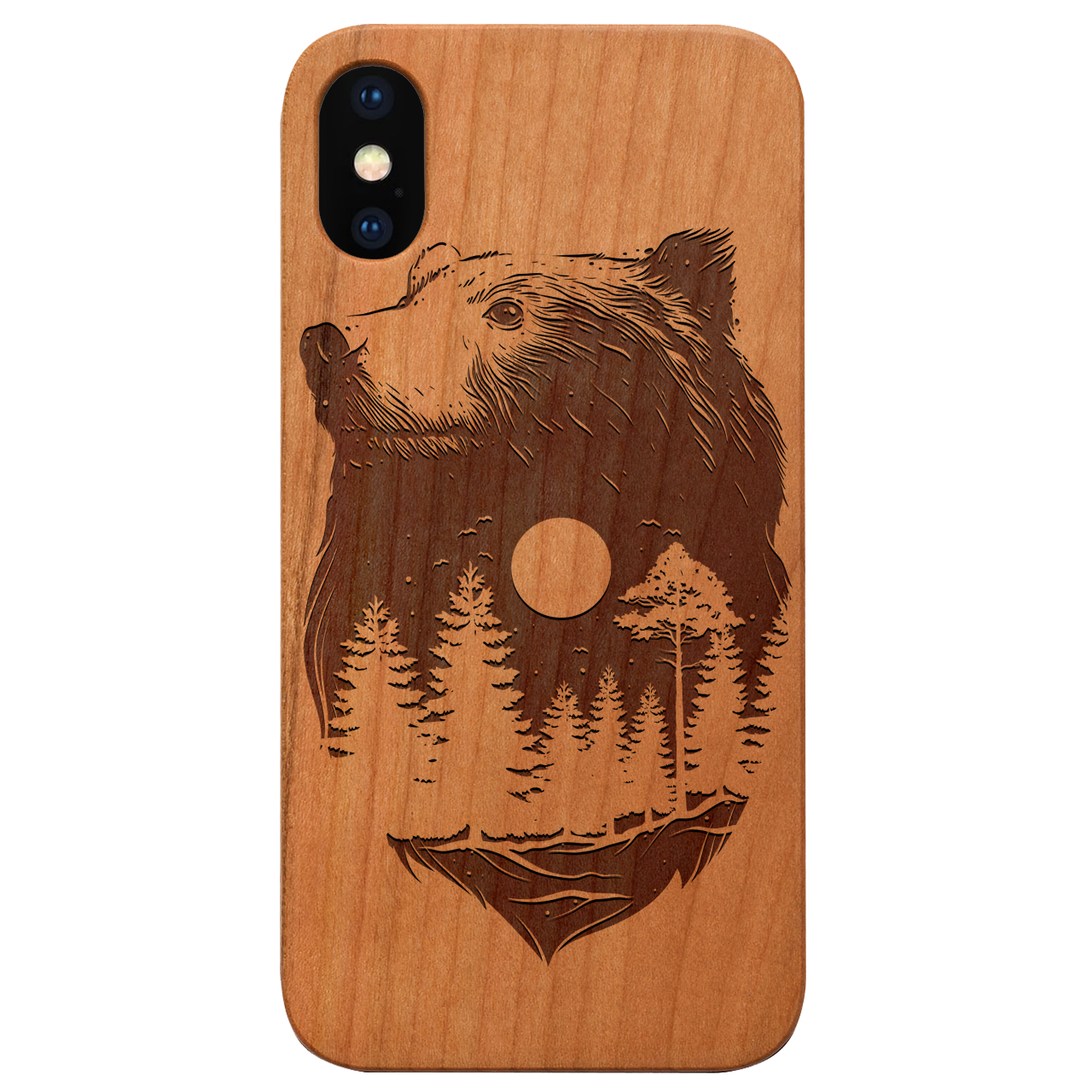 Bear Landscape 1 - Engraved wooden phone case featuring a detailed bear design, crafted from natural wood with a protective rubber bumper.