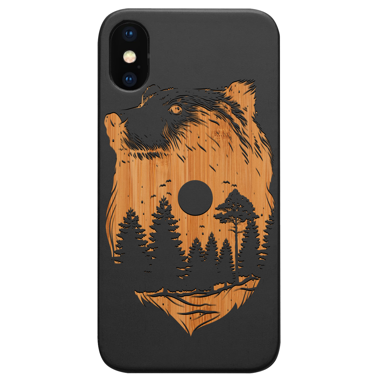 Bear Landscape 1 - Engraved wooden phone case featuring a detailed bear design, crafted from natural wood with a protective rubber bumper.