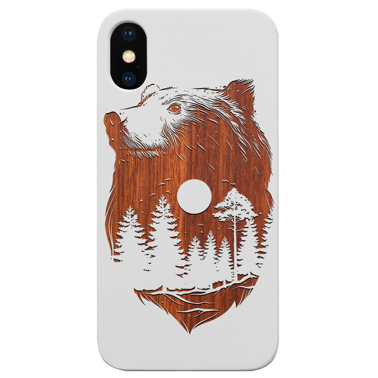 Bear Landscape 1 - Engraved wooden phone case featuring a detailed bear design, crafted from natural wood with a protective rubber bumper.