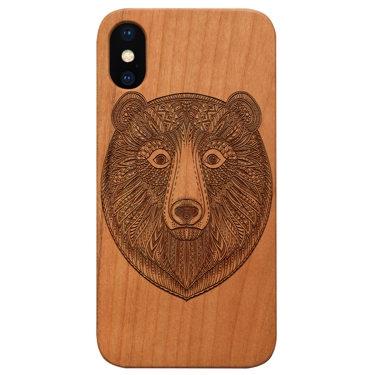 Bear Mandala engraved wooden phone case showcasing intricate design and natural wood finish.