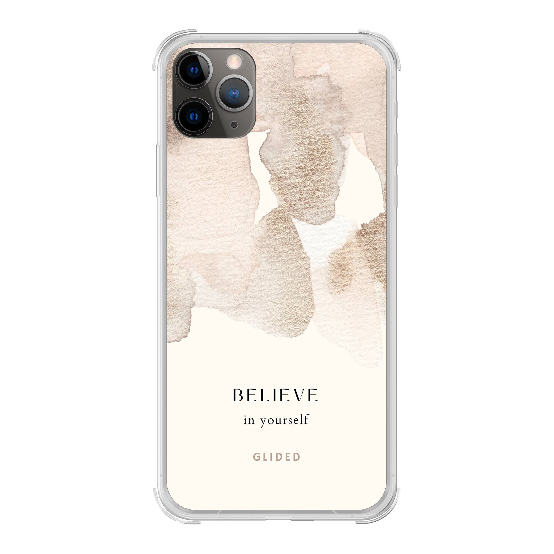 iPhone 11 Pro Hülle mit Aquarellfarben und der inspirierenden Botschaft 'Believe in Yourself', idealer Schutz und motivierendes Design.