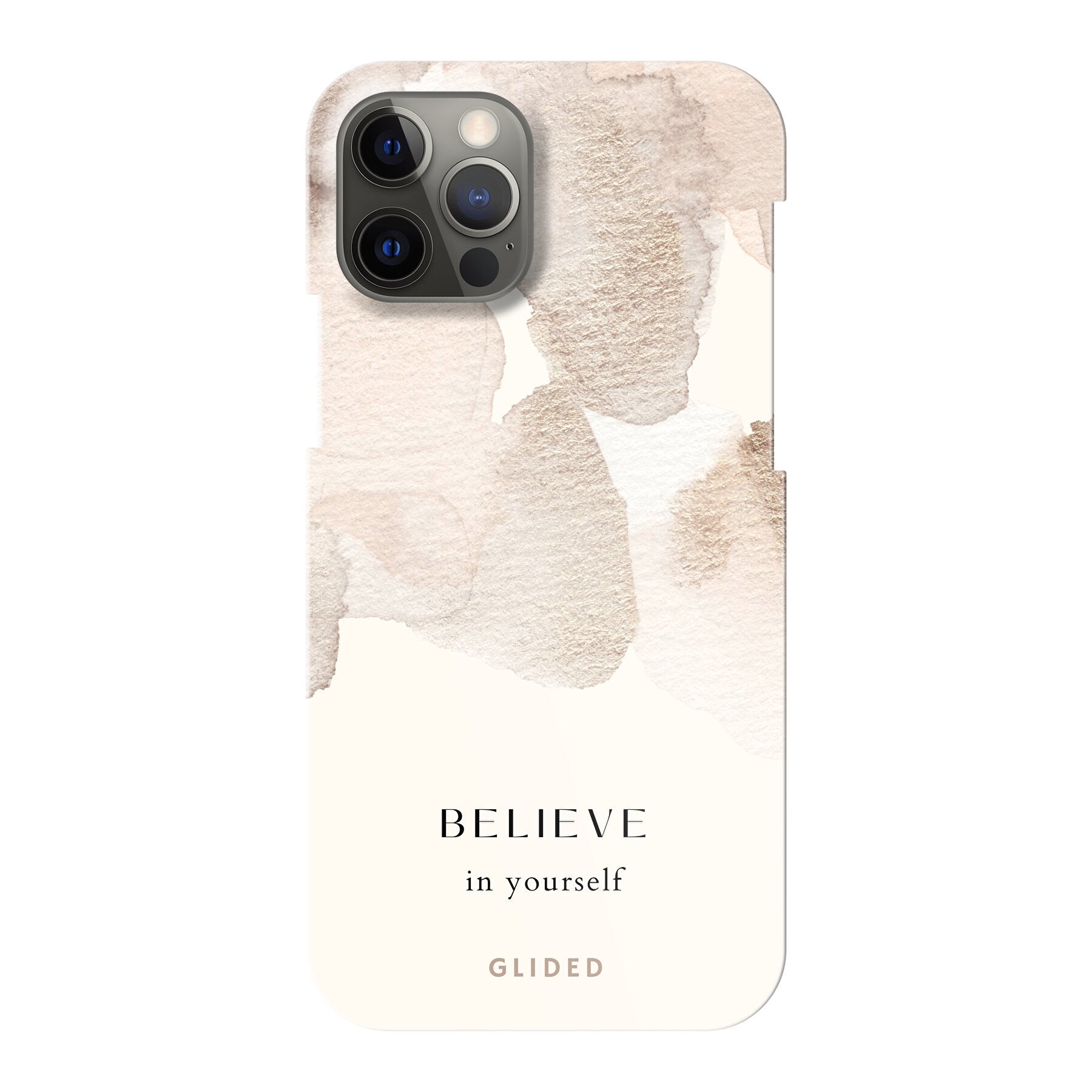 iPhone 12 Handyhülle mit Aquarell-Design und der inspirierenden Botschaft 'Believe in Yourself', ideal für Schutz und Motivation.