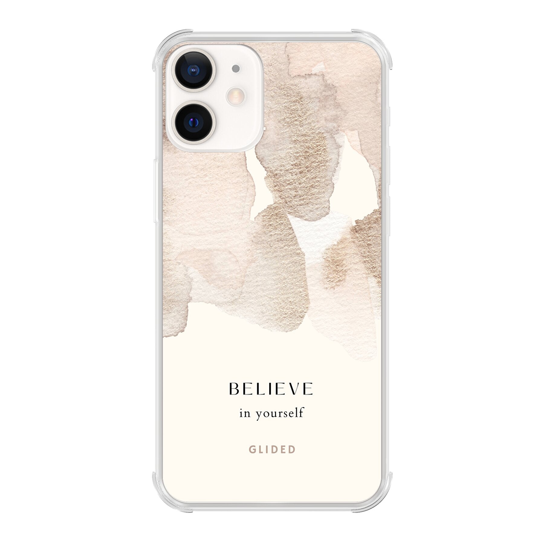 iPhone 12 Pro Hülle mit Aquarellfarben und inspirierender Botschaft 'Believe in Yourself', idealer Schutz und stilvolles Design.