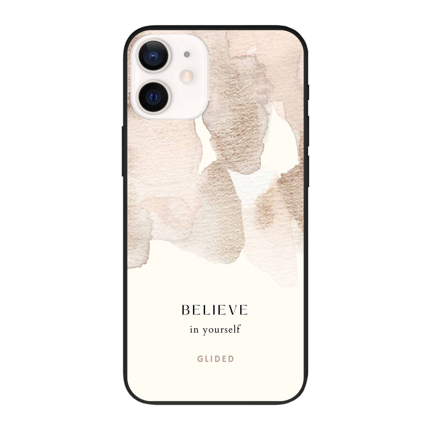 iPhone 12 Pro Hülle mit Aquarellfarben und inspirierender Botschaft 'Believe in Yourself', idealer Schutz und stilvolles Design.