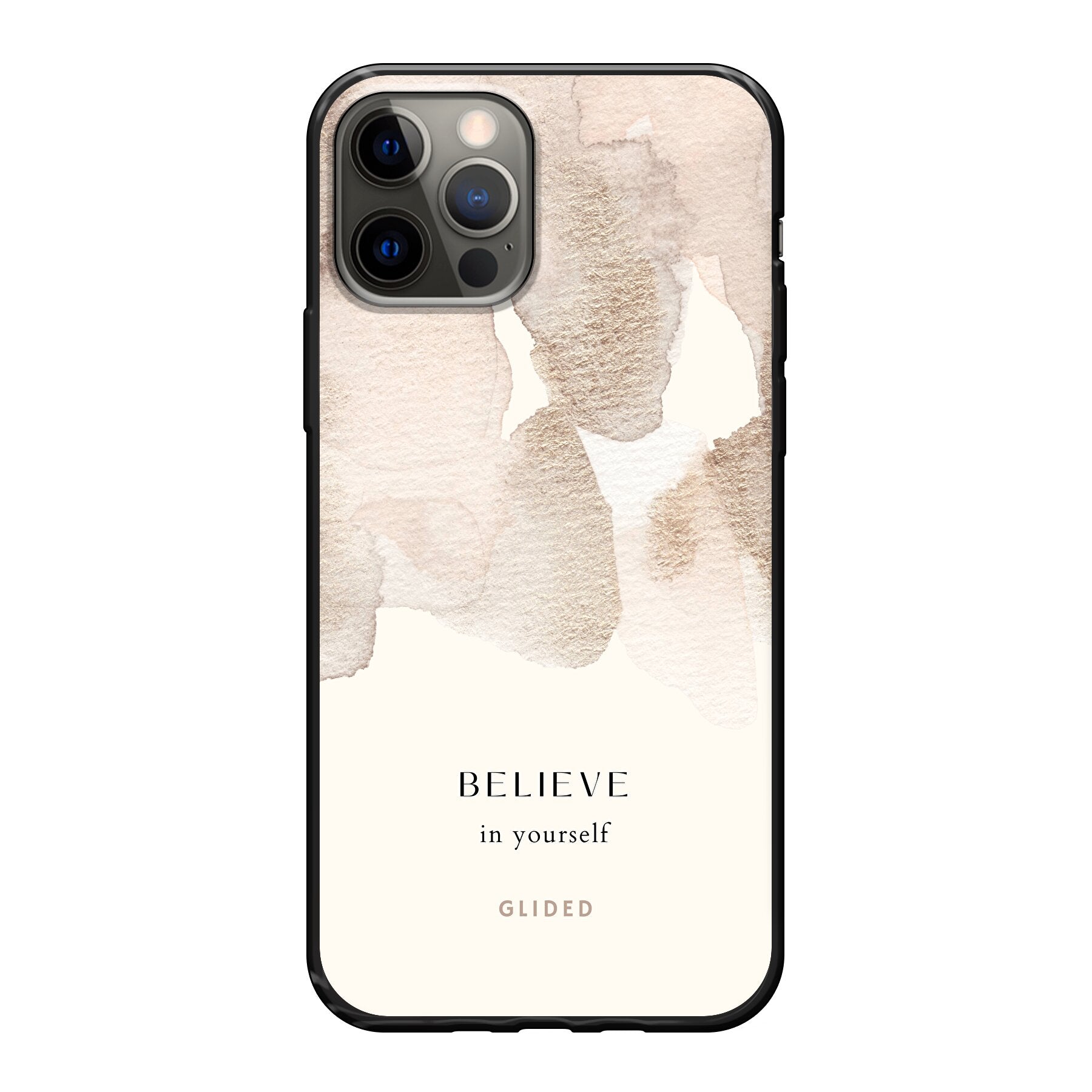 iPhone 12 Pro Hülle mit Aquarellfarben und inspirierender Botschaft 'Believe in Yourself', idealer Schutz und stilvolles Design.