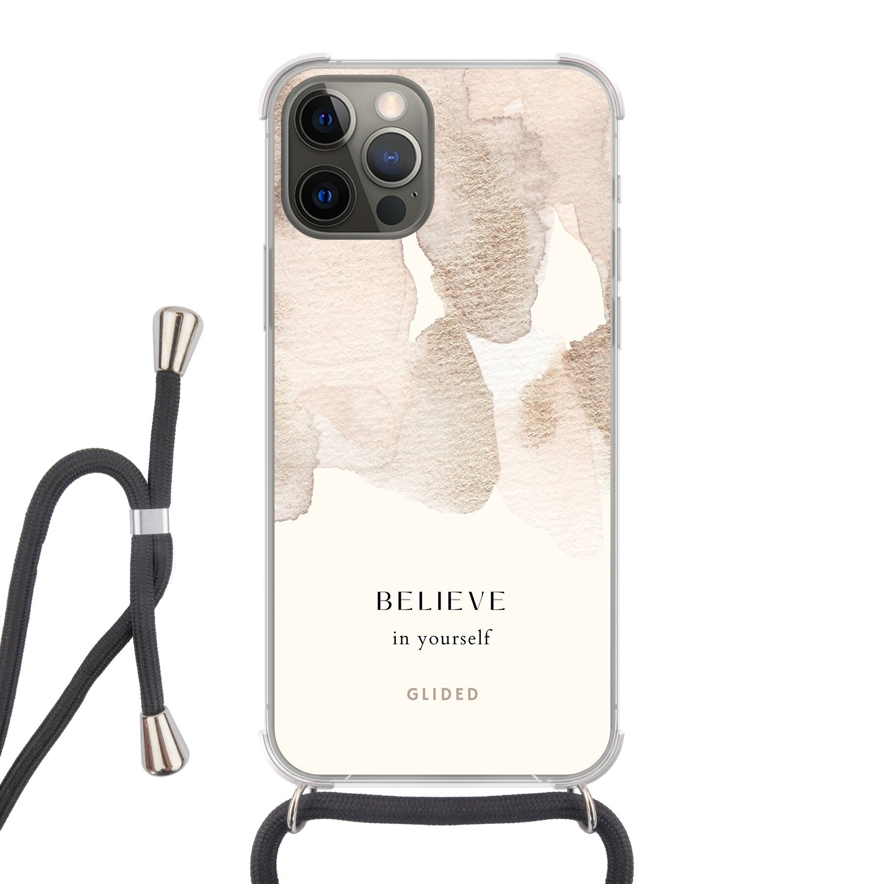 iPhone 12 Pro Hülle mit Aquarellfarben und inspirierender Botschaft 'Believe in Yourself', idealer Schutz und stilvolles Design.