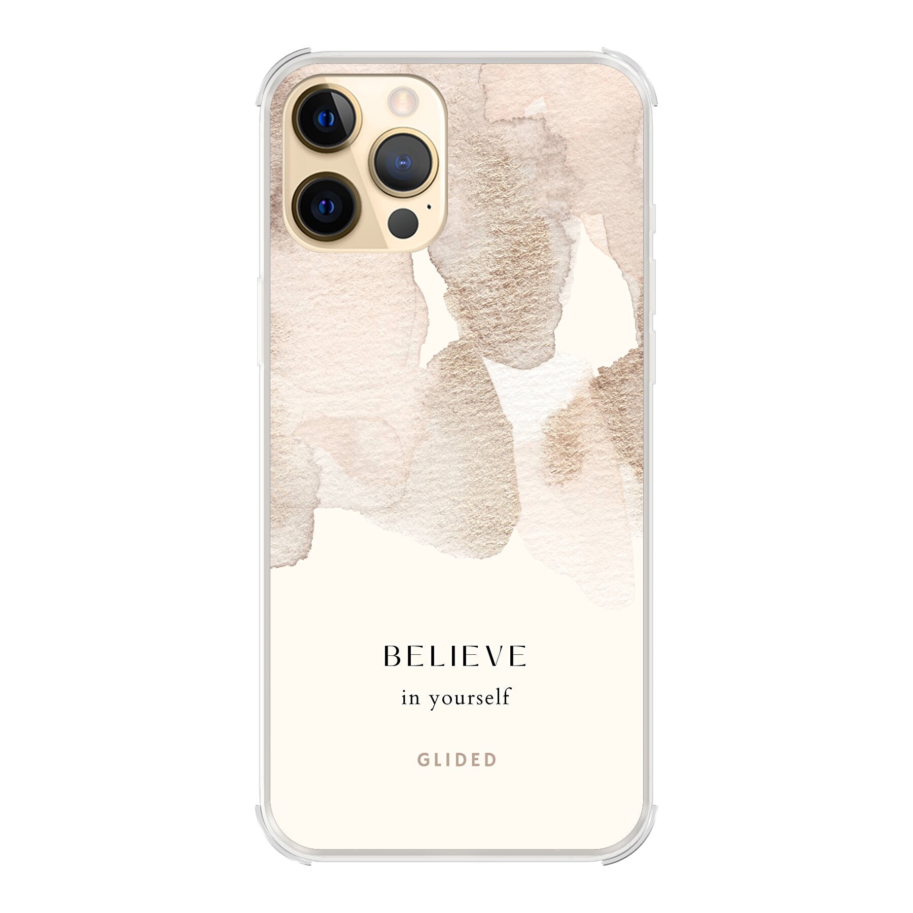 iPhone 12 Pro Max Hülle mit Aquarellfarben und inspirierender Botschaft 'Believe in Yourself', idealer Schutz und Motivation.