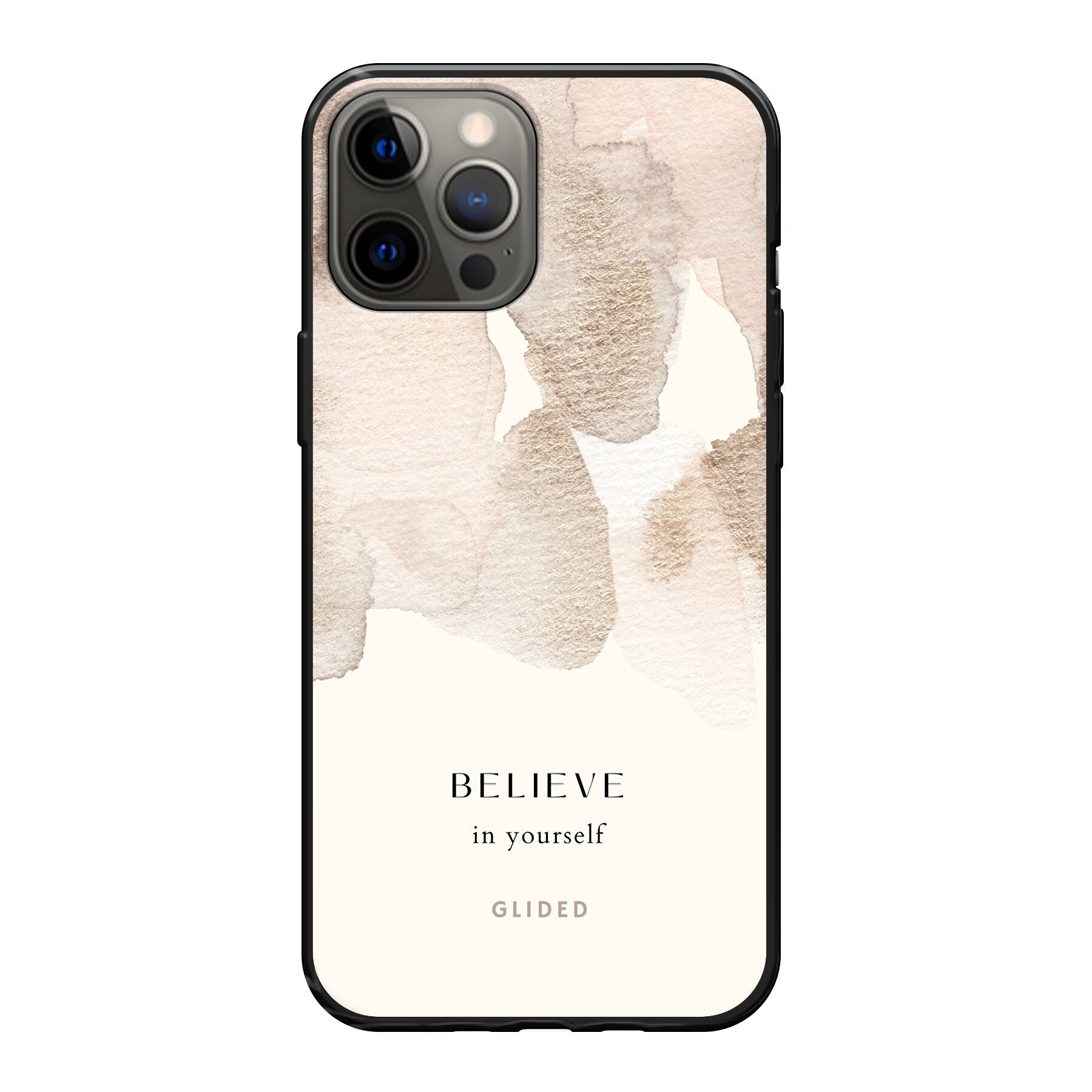 iPhone 12 Pro Max Hülle mit Aquarellfarben und inspirierender Botschaft 'Believe in Yourself', idealer Schutz und Motivation.