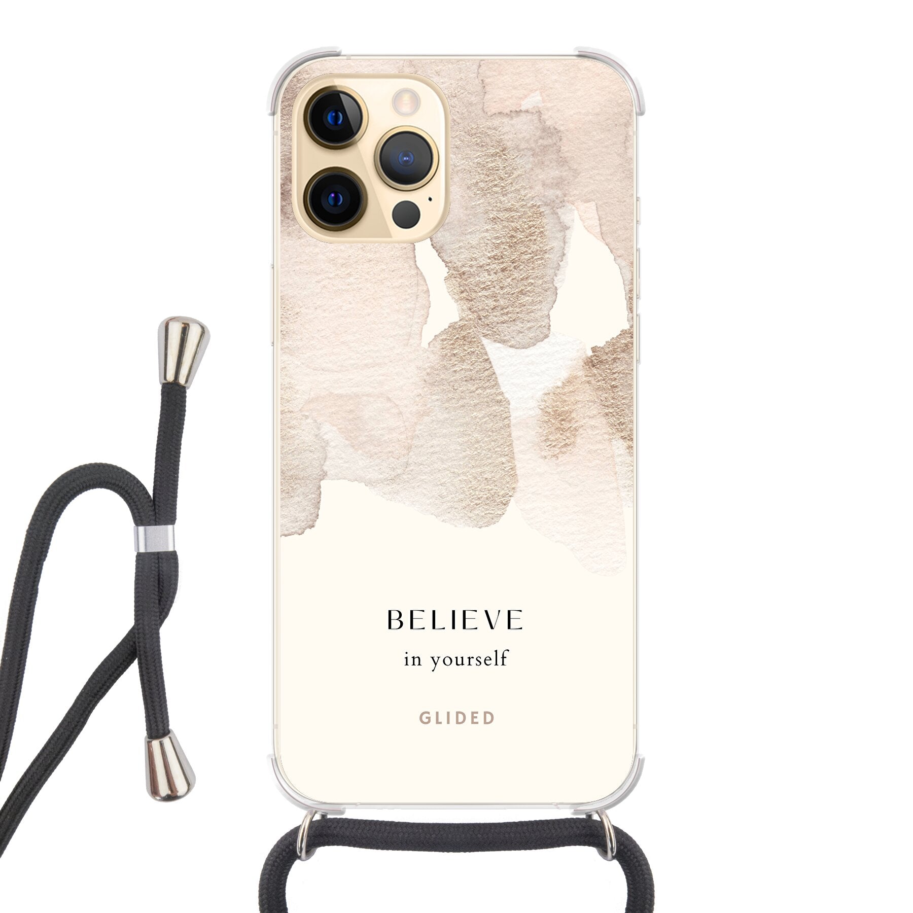 iPhone 12 Pro Max Hülle mit Aquarellfarben und inspirierender Botschaft 'Believe in Yourself', idealer Schutz und Motivation.