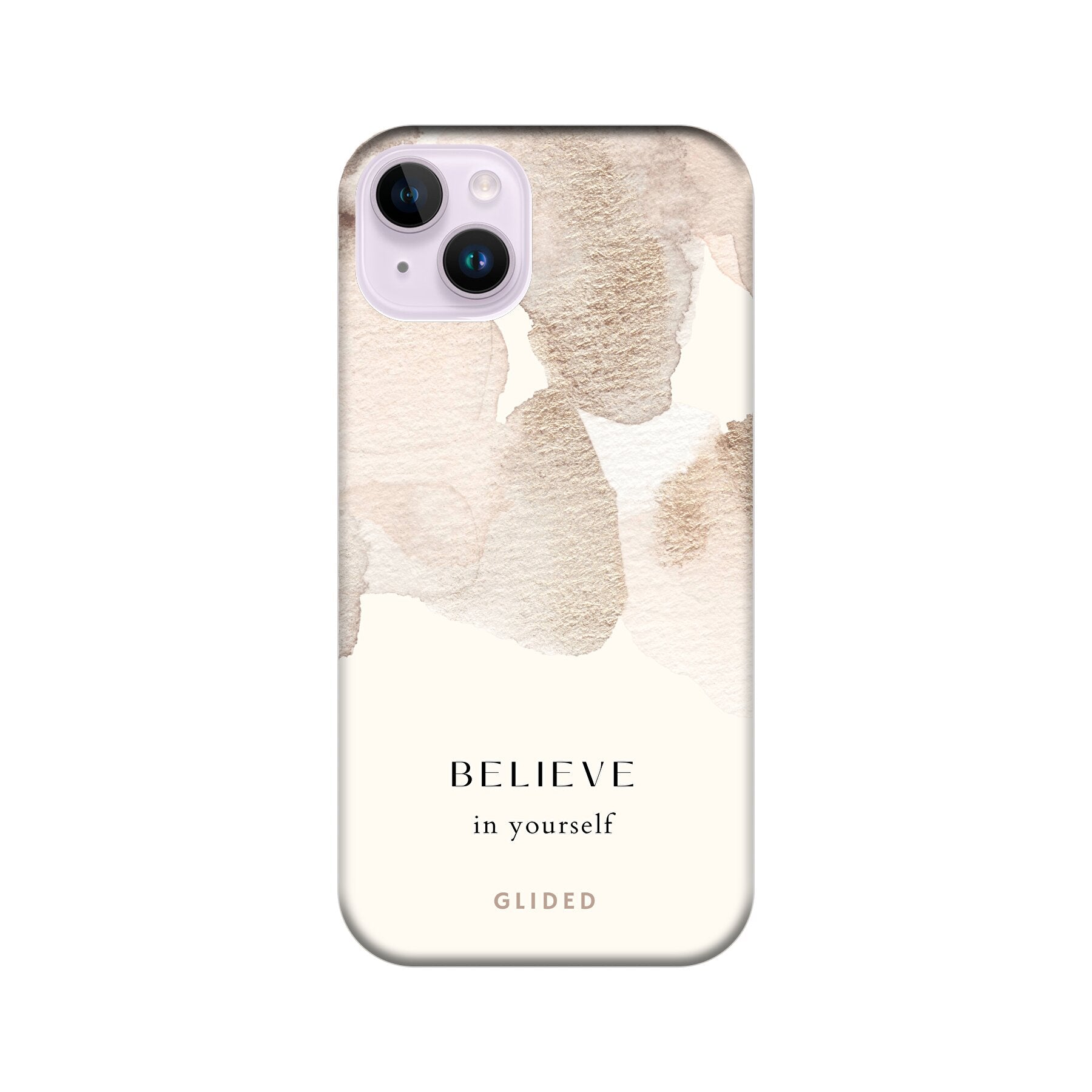 iPhone 14 Plus Hülle mit Aquarellfarben und inspirierender Botschaft 'Believe in Yourself', idealer Schutz und motivierendes Design.