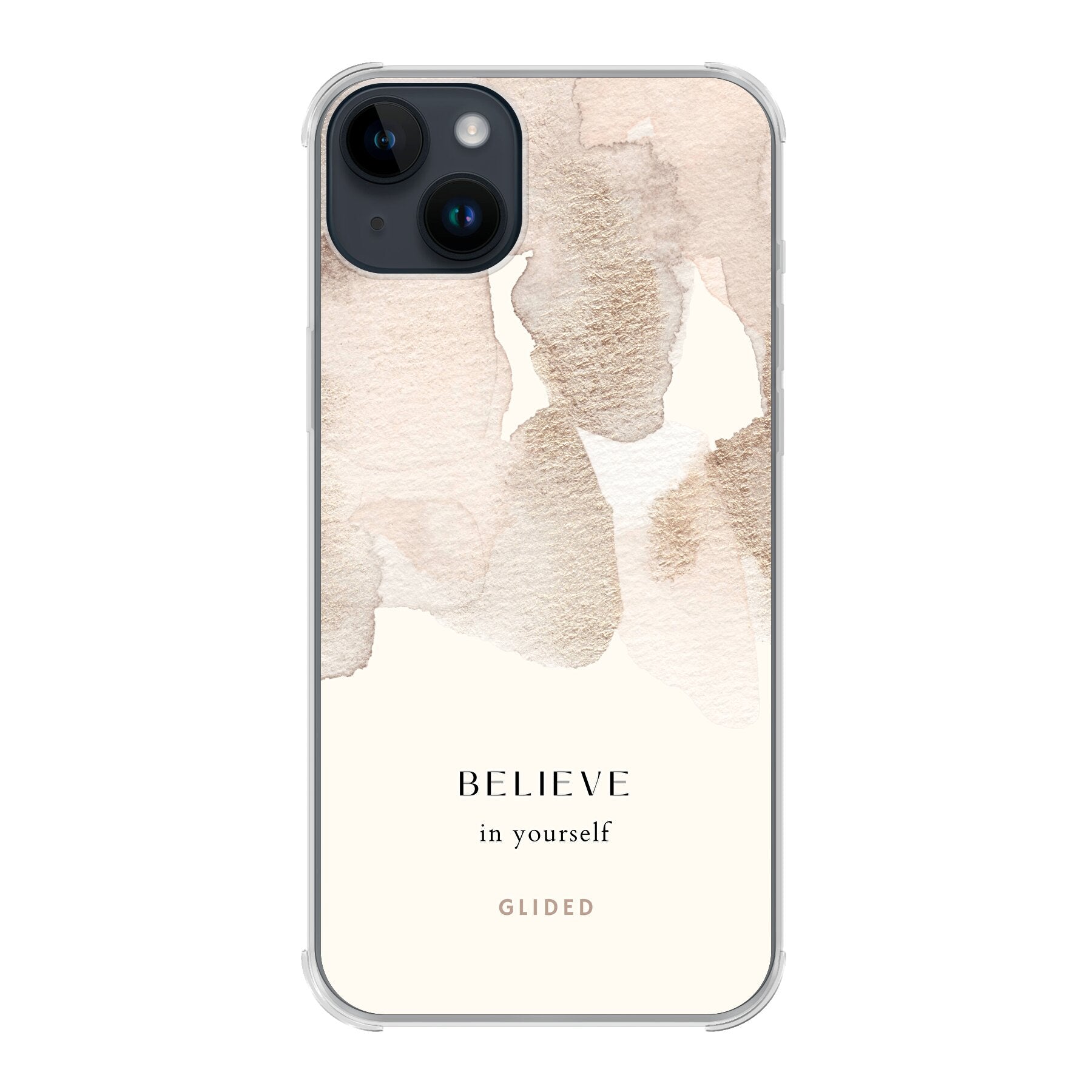 iPhone 14 Plus Hülle mit Aquarellfarben und inspirierender Botschaft 'Believe in Yourself', idealer Schutz und motivierendes Design.