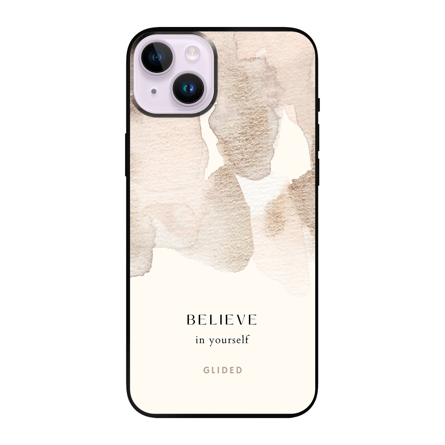 iPhone 14 Plus Hülle mit Aquarellfarben und inspirierender Botschaft 'Believe in Yourself', idealer Schutz und motivierendes Design.