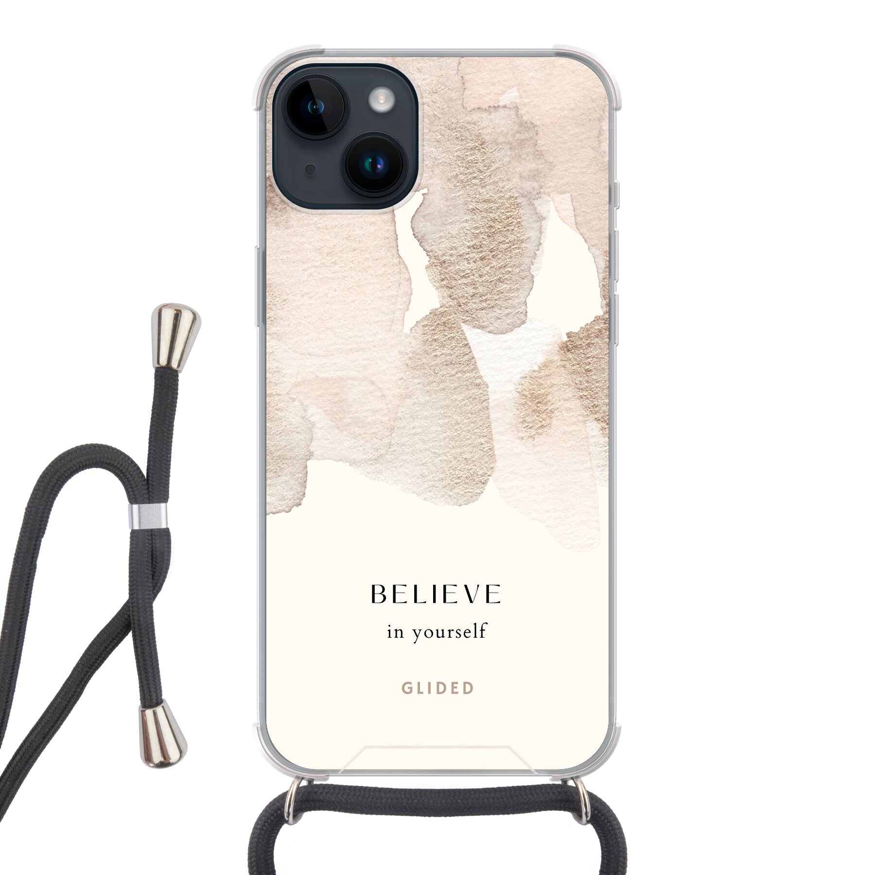 iPhone 14 Plus Hülle mit Aquarellfarben und inspirierender Botschaft 'Believe in Yourself', idealer Schutz und motivierendes Design.