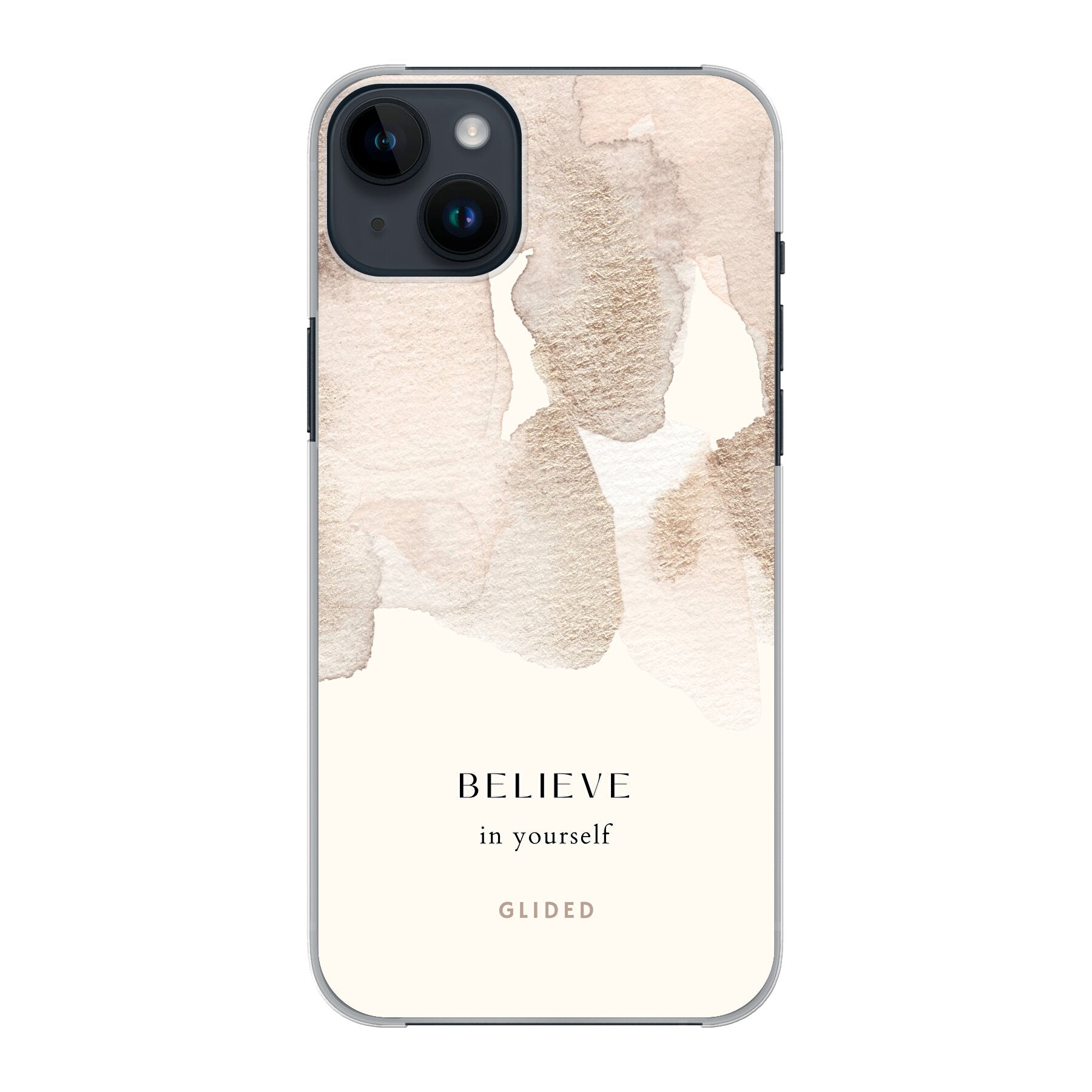 iPhone 14 Plus Hülle mit Aquarellfarben und inspirierender Botschaft 'Believe in Yourself', idealer Schutz und motivierendes Design.