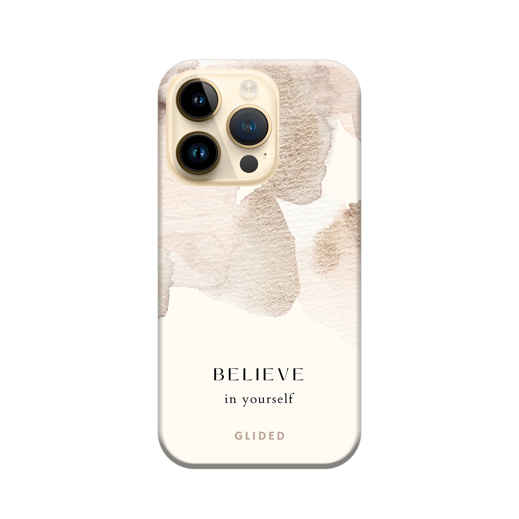 iPhone 14 Pro Hülle mit Aquarell-Design und inspirierender Botschaft 'Believe in Yourself', idealer Schutz und Motivation.