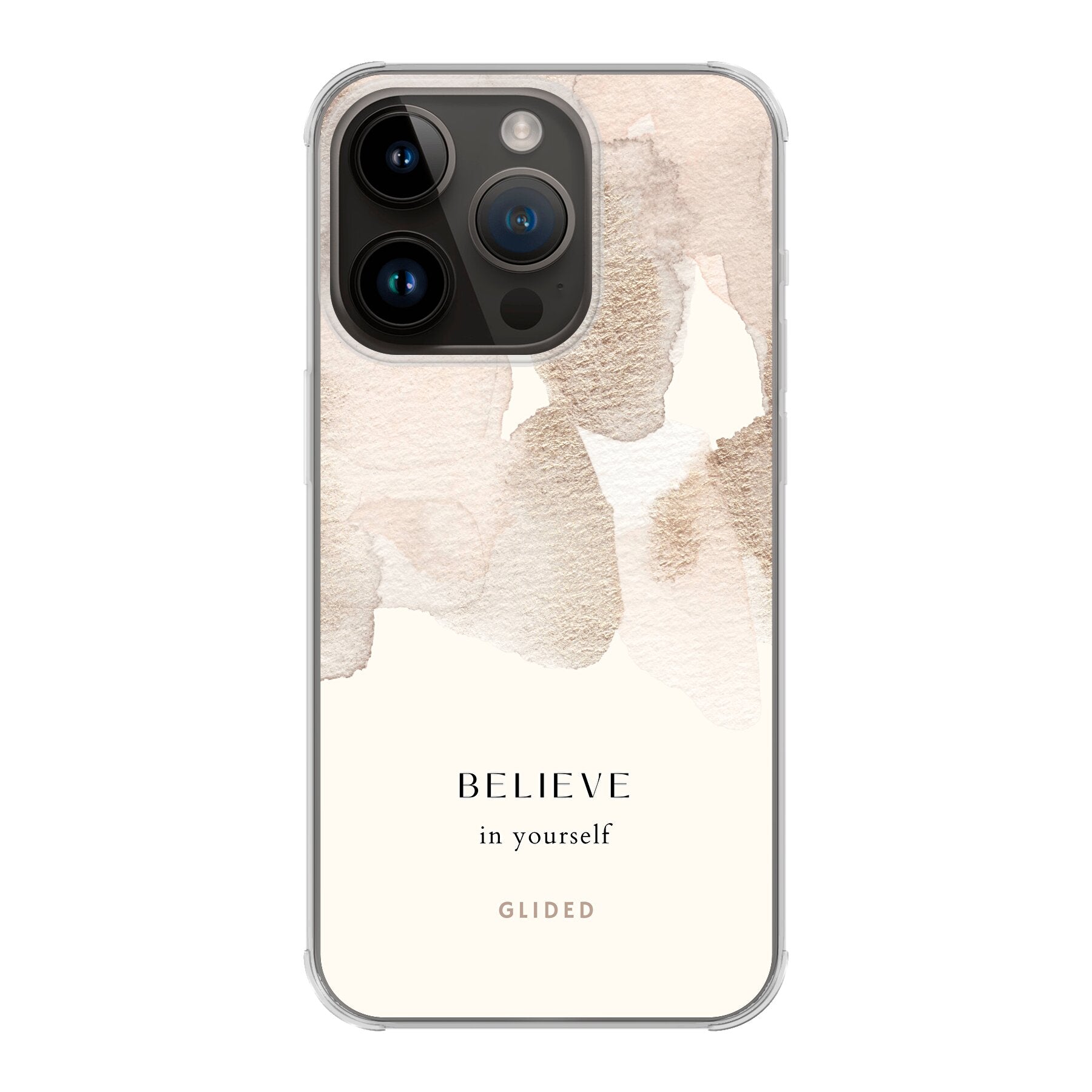 iPhone 14 Pro Hülle mit Aquarell-Design und inspirierender Botschaft 'Believe in Yourself', idealer Schutz und Motivation.