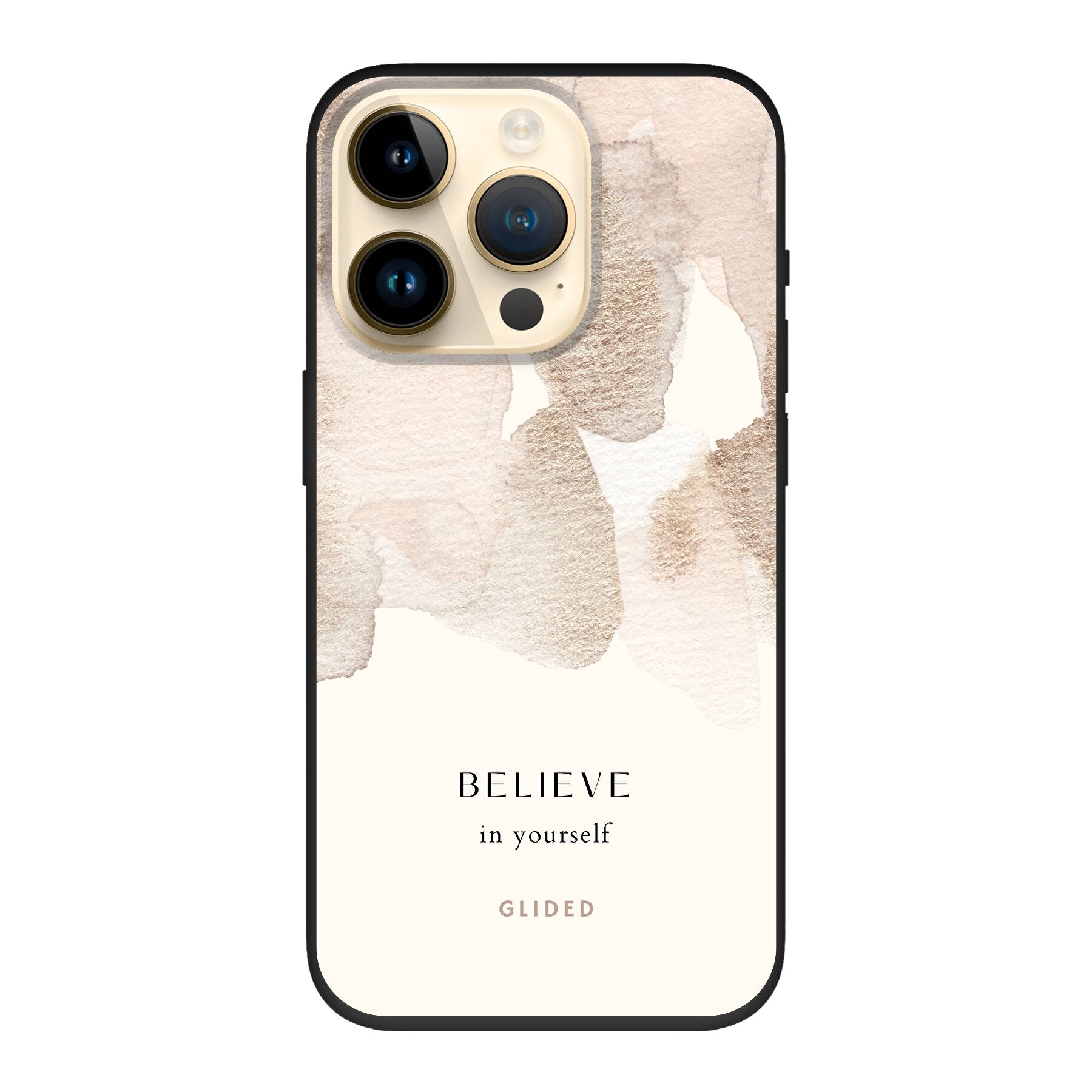 iPhone 14 Pro Hülle mit Aquarell-Design und inspirierender Botschaft 'Believe in Yourself', idealer Schutz und Motivation.