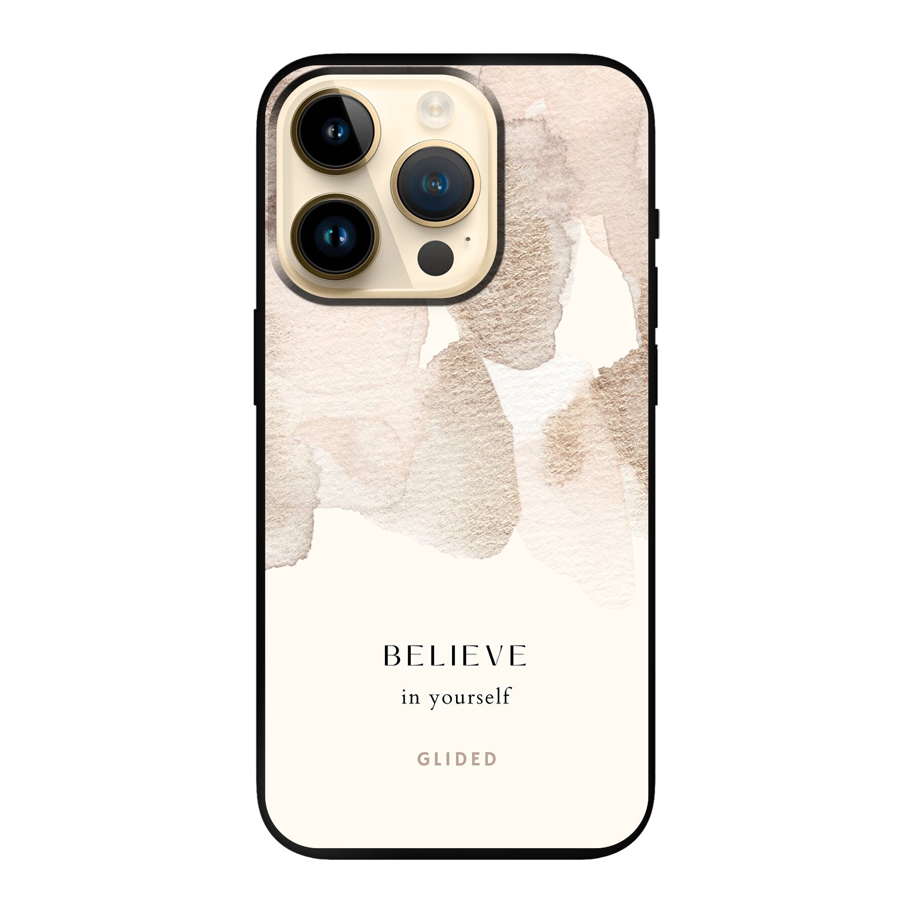 iPhone 14 Pro Hülle mit Aquarell-Design und inspirierender Botschaft 'Believe in Yourself', idealer Schutz und Motivation.