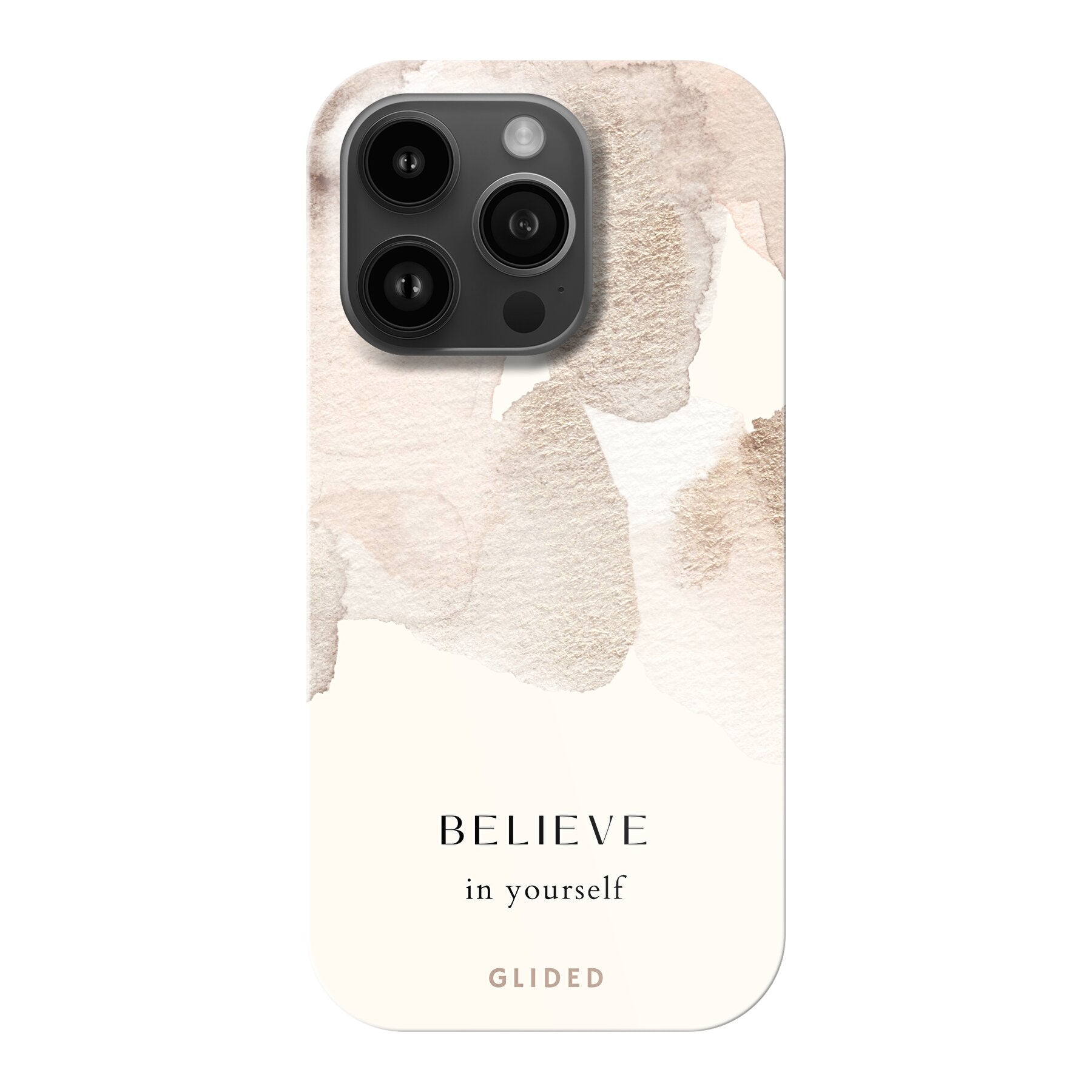 iPhone 14 Pro Hülle mit Aquarell-Design und inspirierender Botschaft 'Believe in Yourself', idealer Schutz und Motivation.