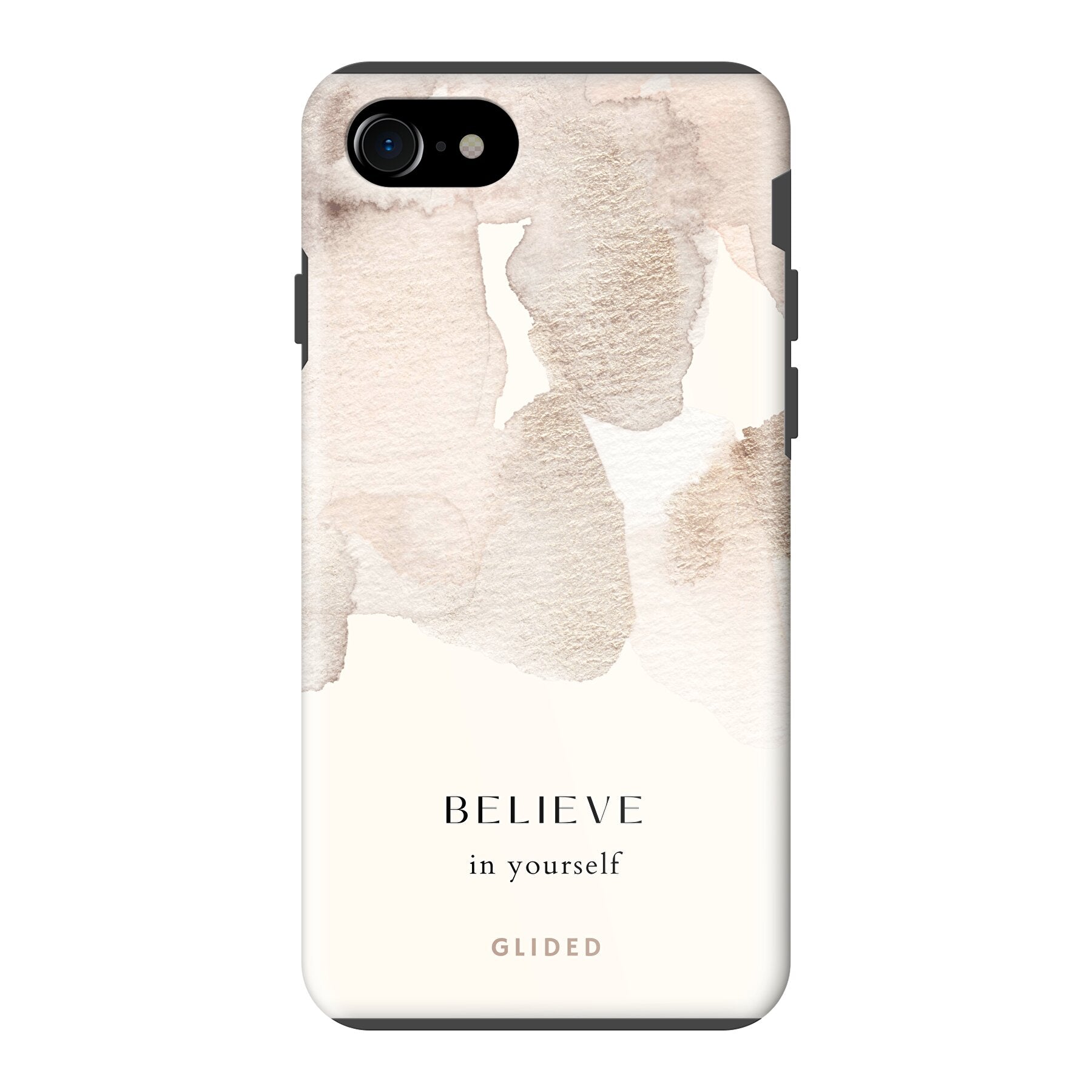 iPhone 7 Handyhülle mit der inspirierenden Botschaft 'Believe in Yourself' auf einem sanften Aquarellhintergrund.