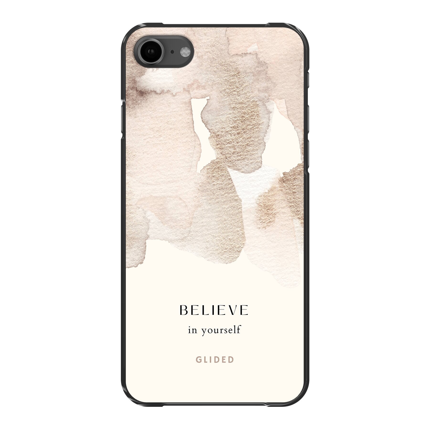 iPhone 7 Handyhülle mit der inspirierenden Botschaft 'Believe in Yourself' auf einem sanften Aquarellhintergrund.