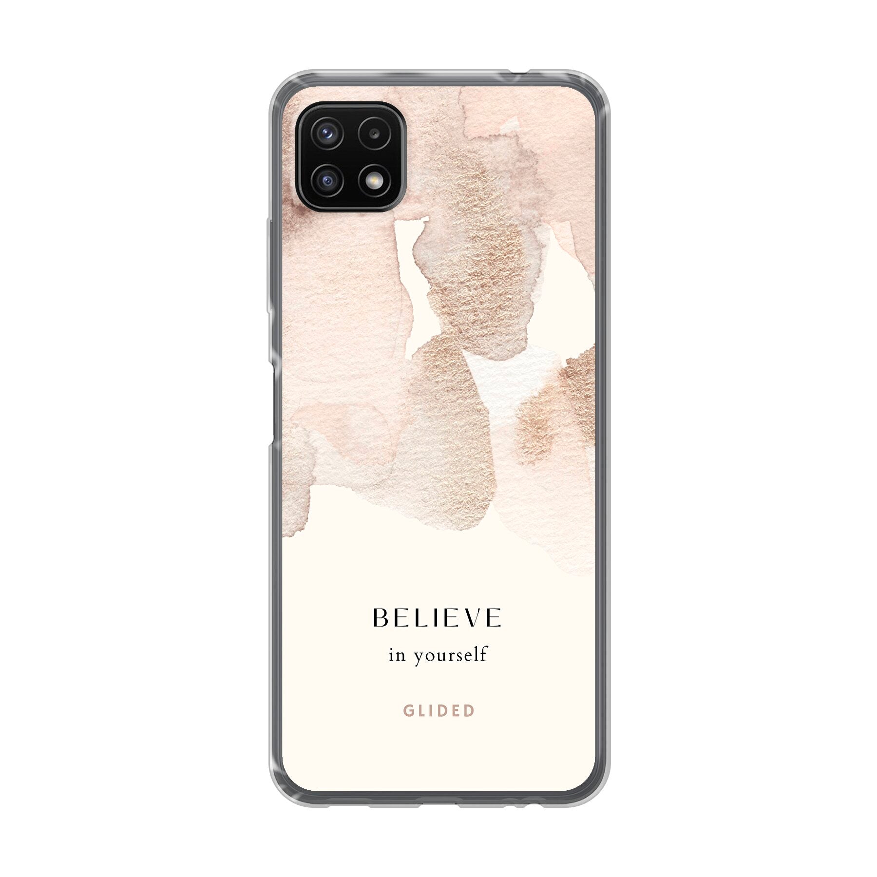 Samsung Galaxy A22 5G Handyhülle mit Aquarell-Design und inspirierender Botschaft 'Believe in Yourself'.