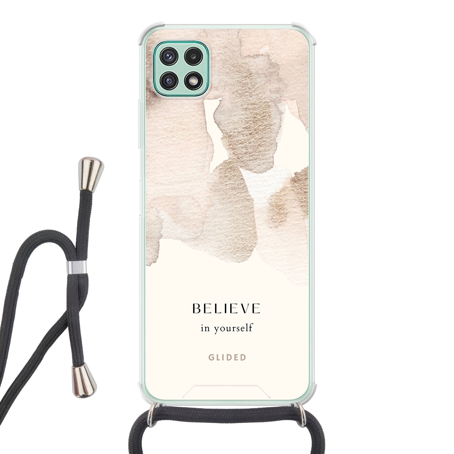 Samsung Galaxy A22 5G Handyhülle mit Aquarell-Design und inspirierender Botschaft 'Believe in Yourself'.