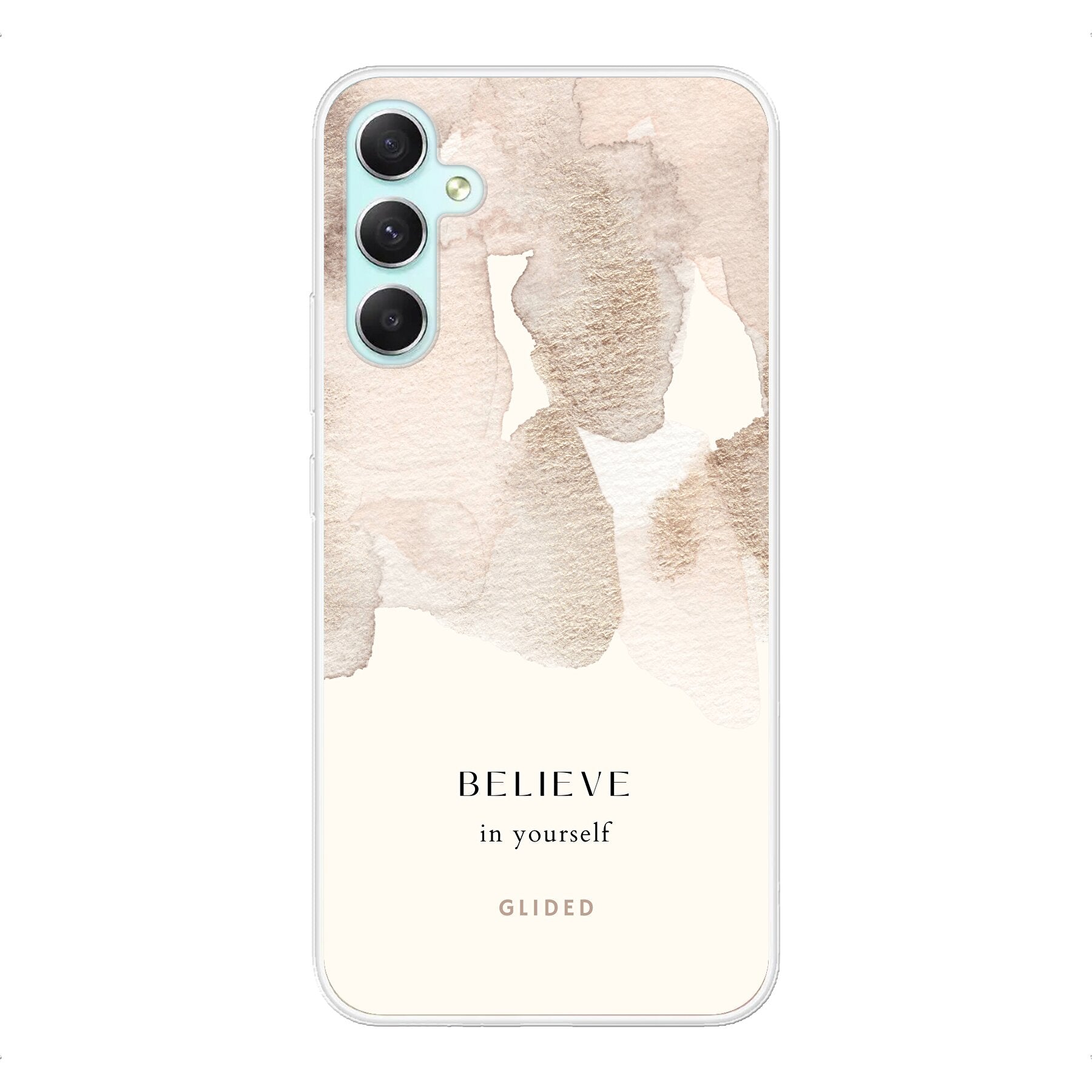 Samsung Galaxy A34 Handyhülle mit Aquarell-Design und inspirierender Botschaft 'Believe in Yourself'.