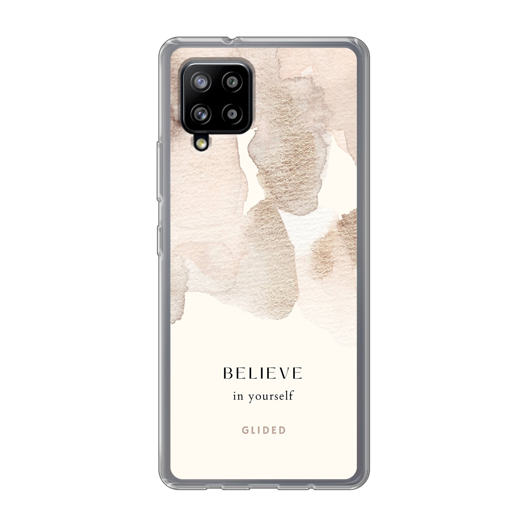 Samsung Galaxy A42 5G Handyhülle mit inspirierender Botschaft 'Believe in Yourself' auf Aquarellhintergrund.